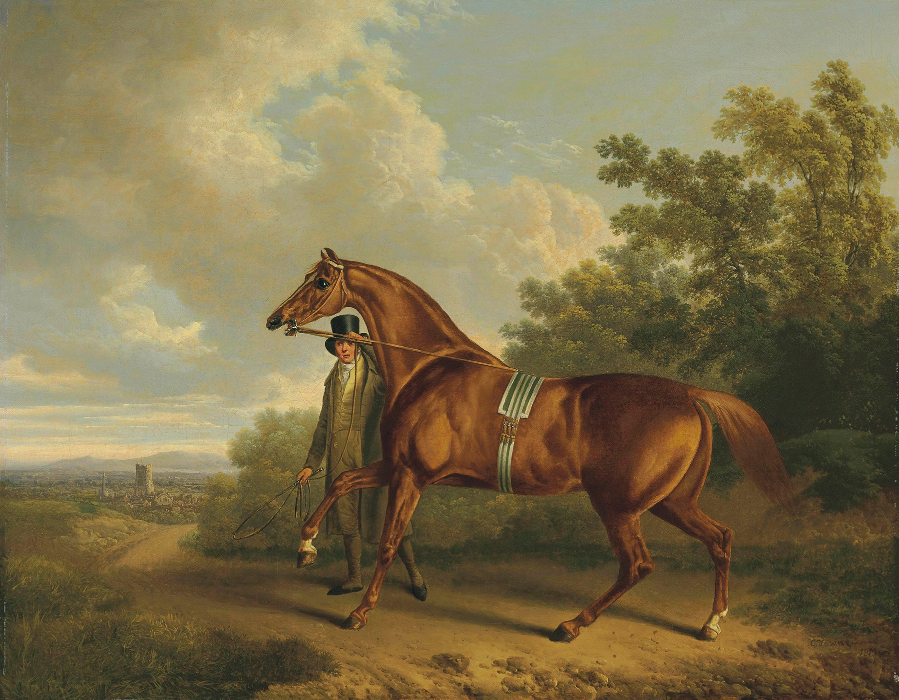 A chestnut hunter and his groom in a landscape, oil on canvas by Charles Towne
