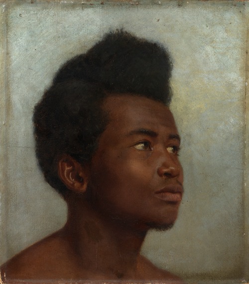 This painting features a head study of a young black man by Hans Thoma.