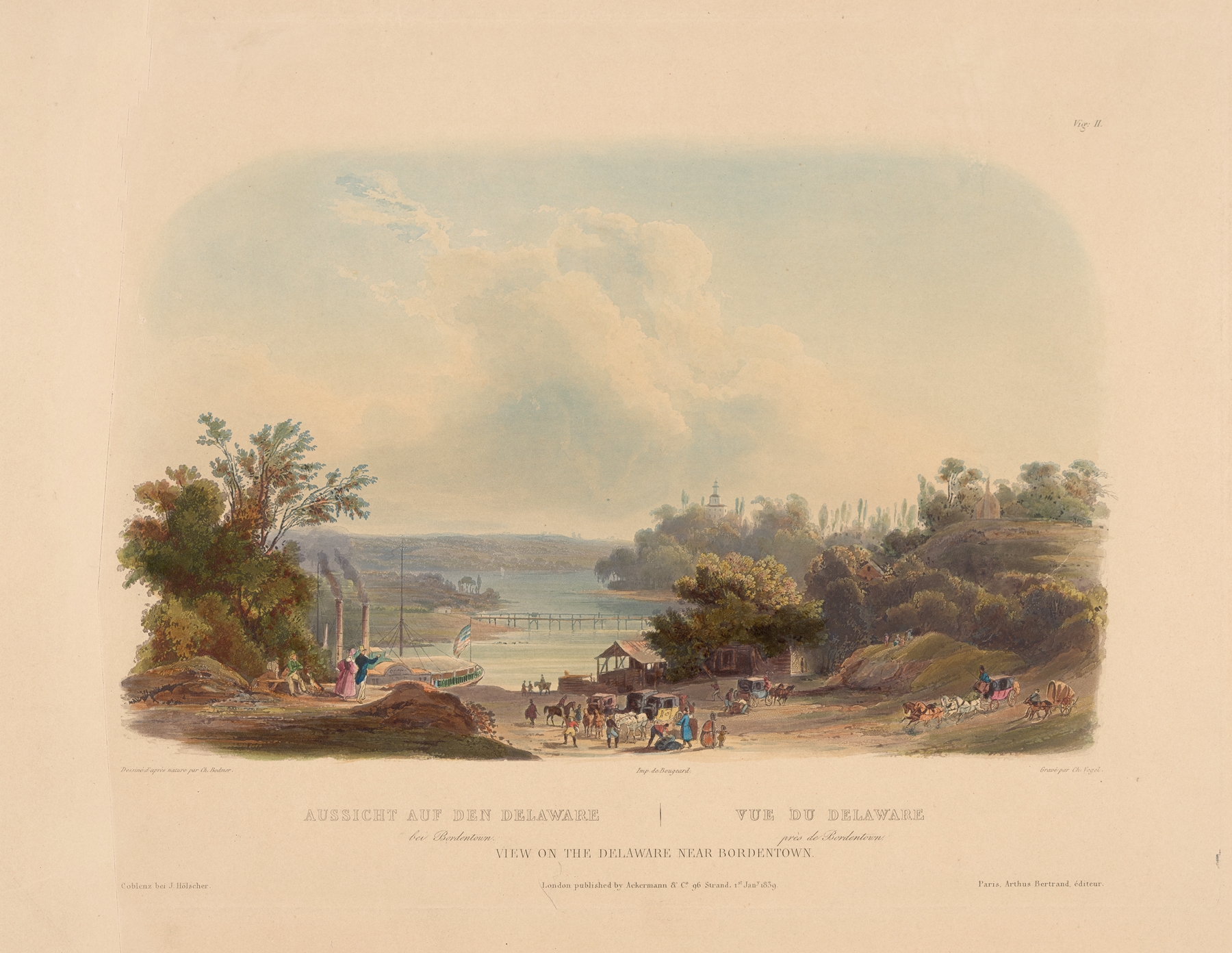 Watercolour by Karl Bodmer depicting a tranquil landscape with a river and soft sky.