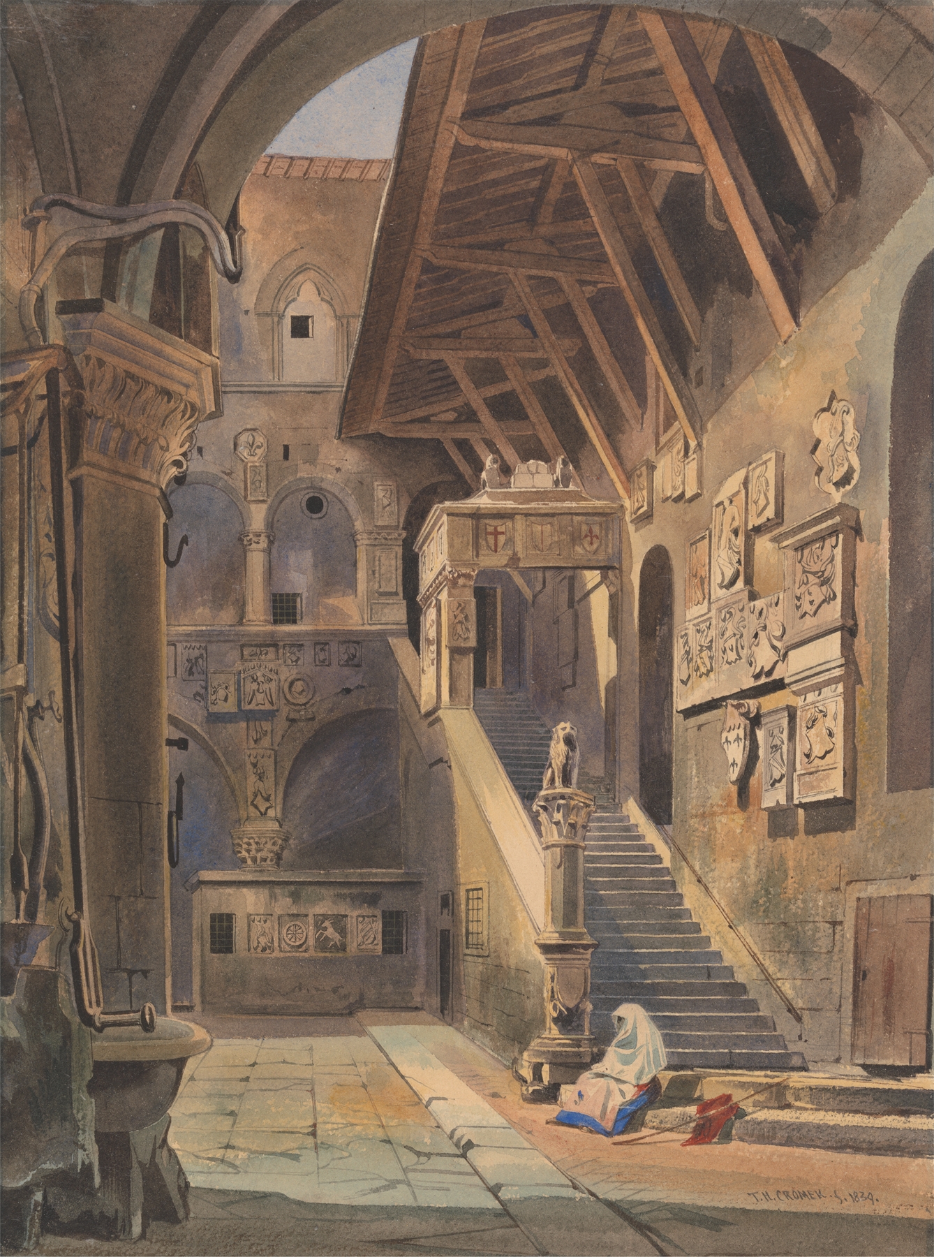 Court of the Bargello, Florence engraving by Thomas Hartley Cromek showing light and shadow on cobblestones.
