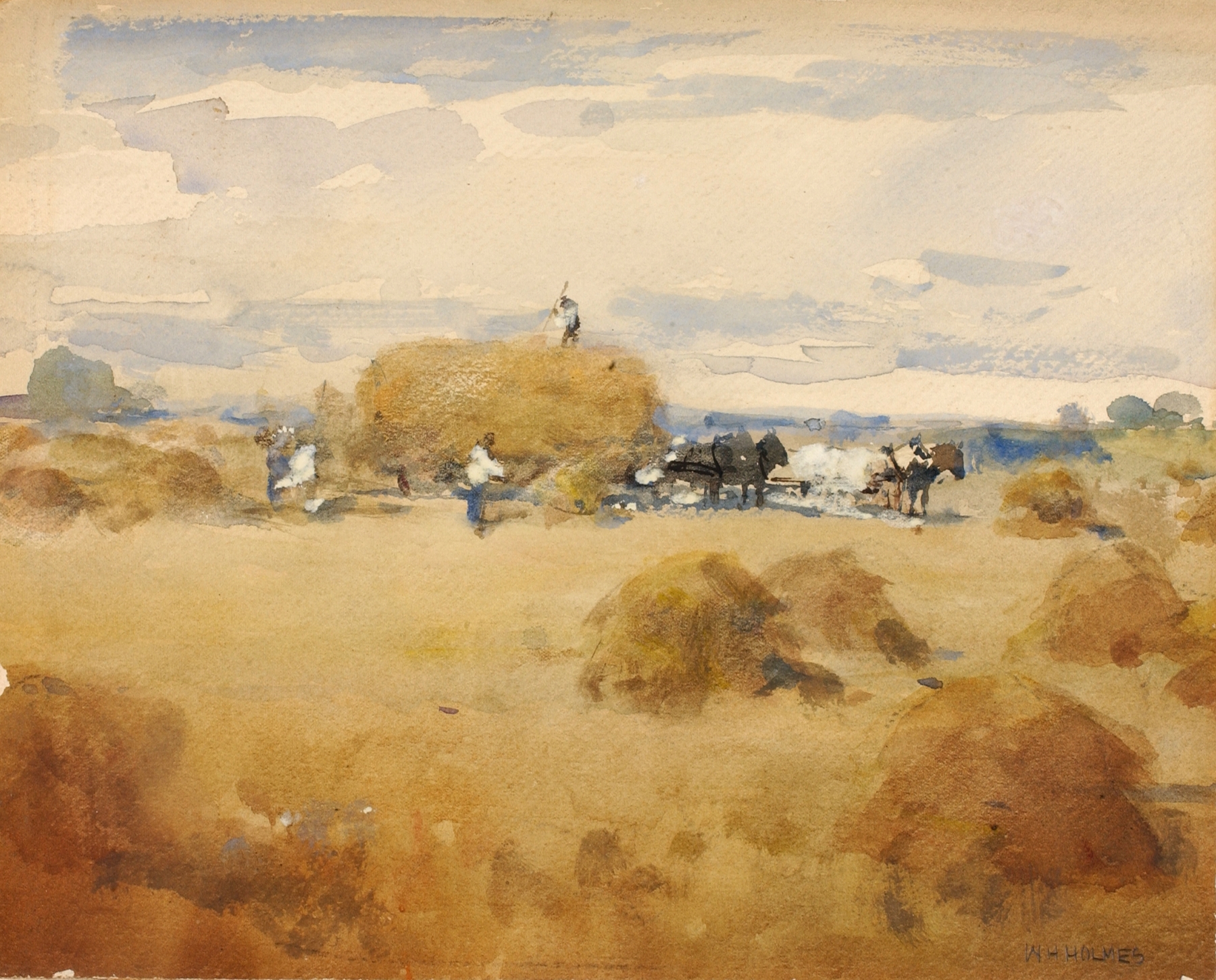 Haymaking Scene by William Henry Holmes, oil on canvas depicting a sunlit hayfield.