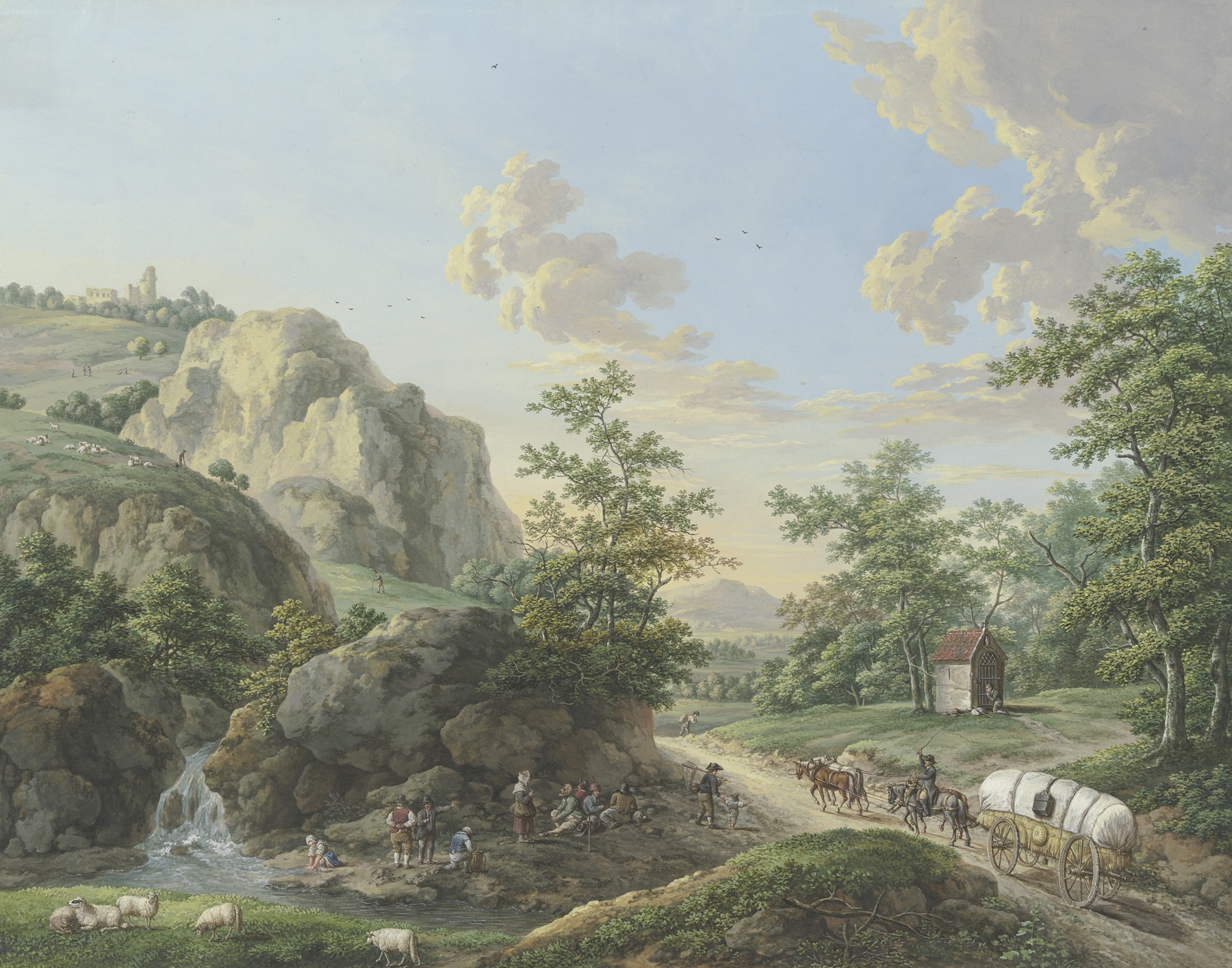 Landscape featuring mountains and a winding road by Karl Franz Kraul, medium unknown.