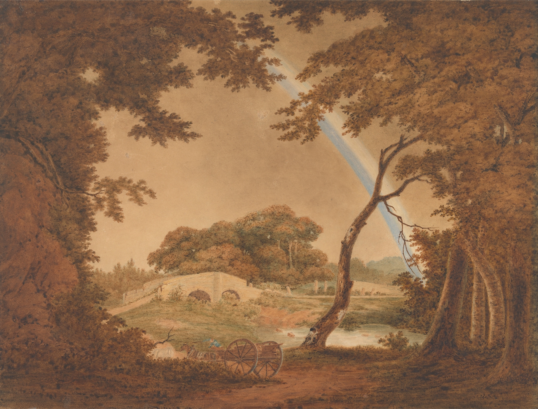 Landscape with Rainbow, View near Chesterfield, by Joseph Wright of Derby, public domain