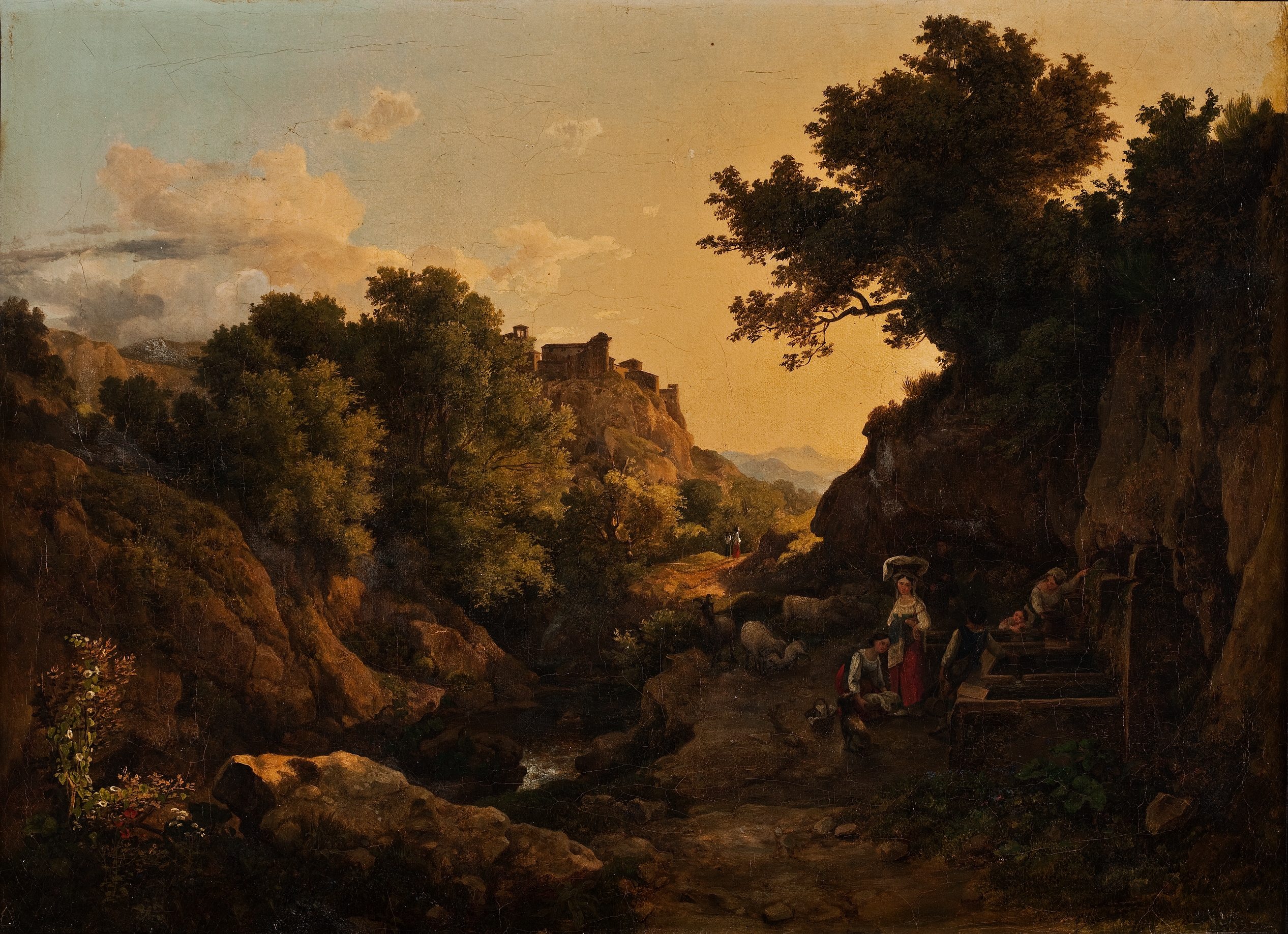 Oil painting by Károly Markó featuring a woman by a fountain in a mountain landscape.