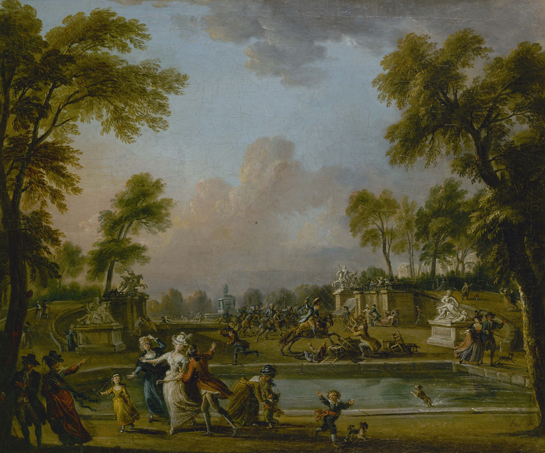 Historical scene of a prince charging through a crowd, oil painting by Jean-Baptiste Lallemand.