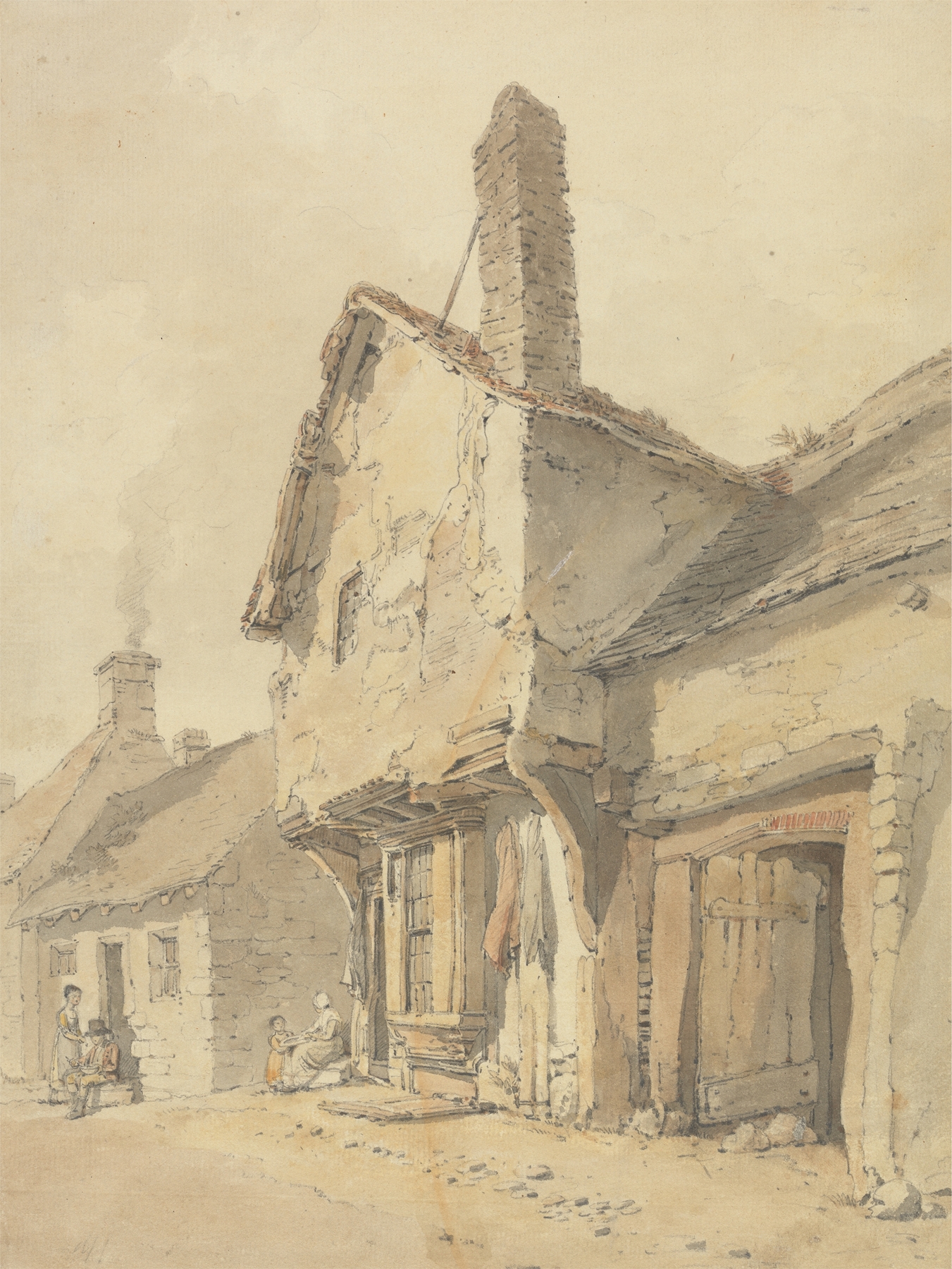 Genre scene depicting a village street with cottages and figures, oil painting by William Alexander