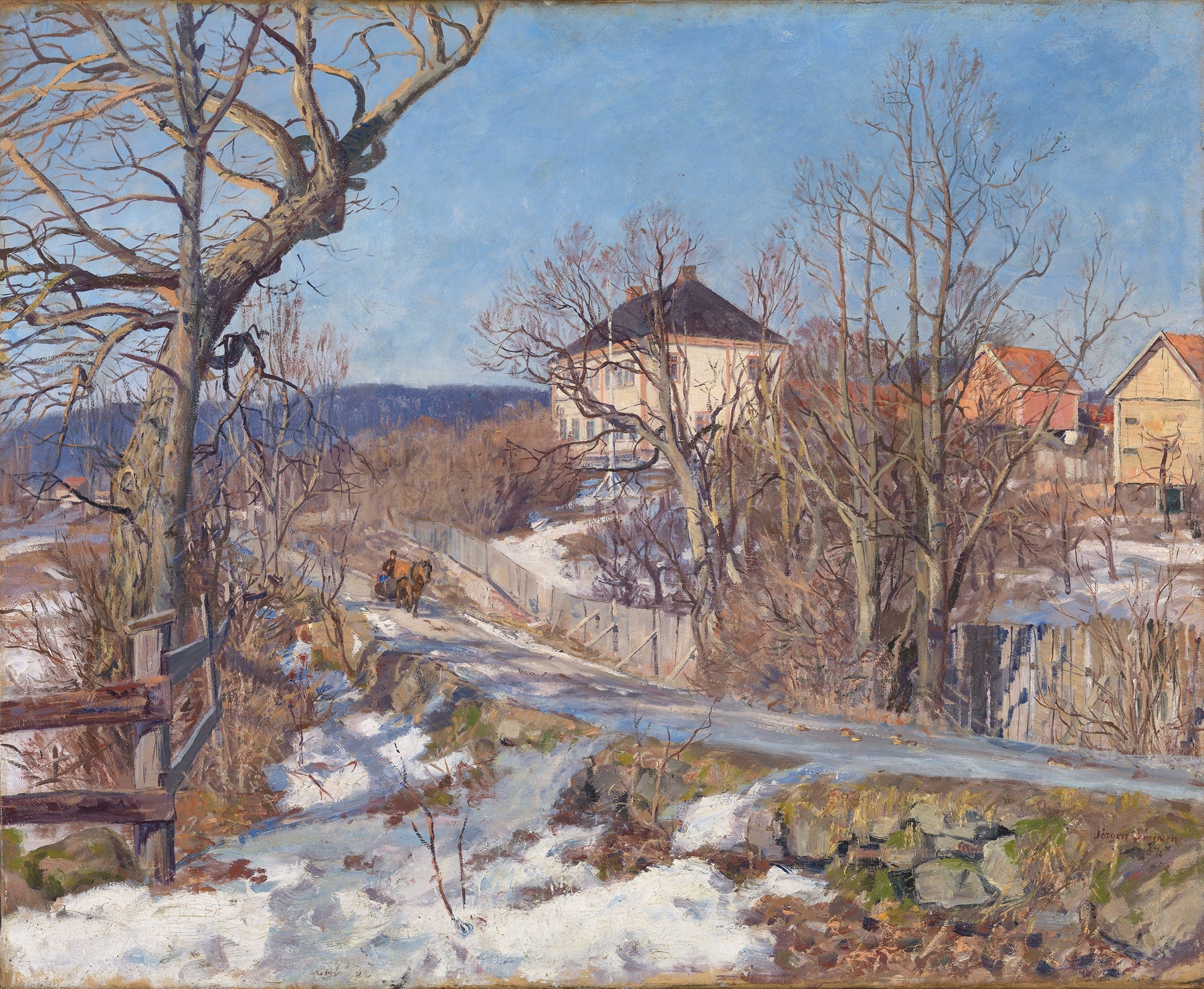 Landscape depicting a winter scene with icy blue hues by Jørgen Sørensen