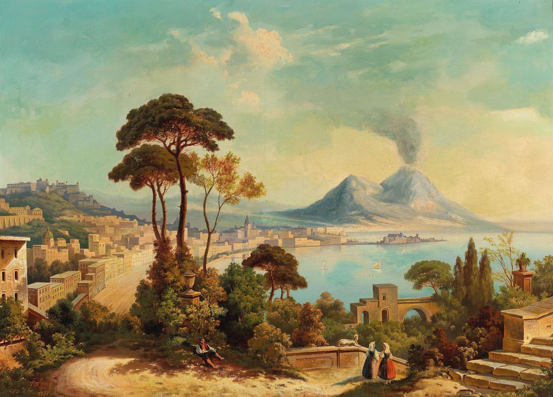 View of Naples with Vesuvius in the background, oil on canvas by Ferdinand Lepie