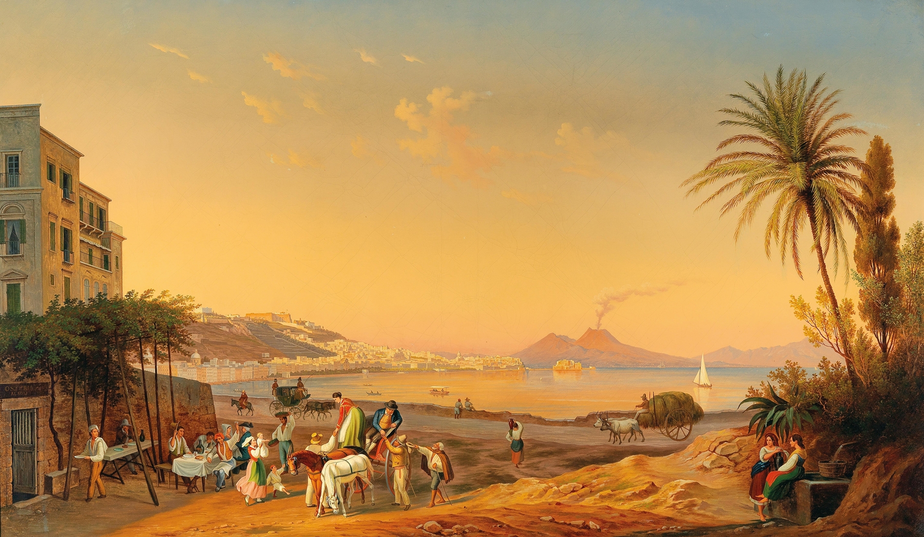 Naples, a lively scene on the promenade at dusk, with Vesuvius in the background, by Hubert Sattler, public domain