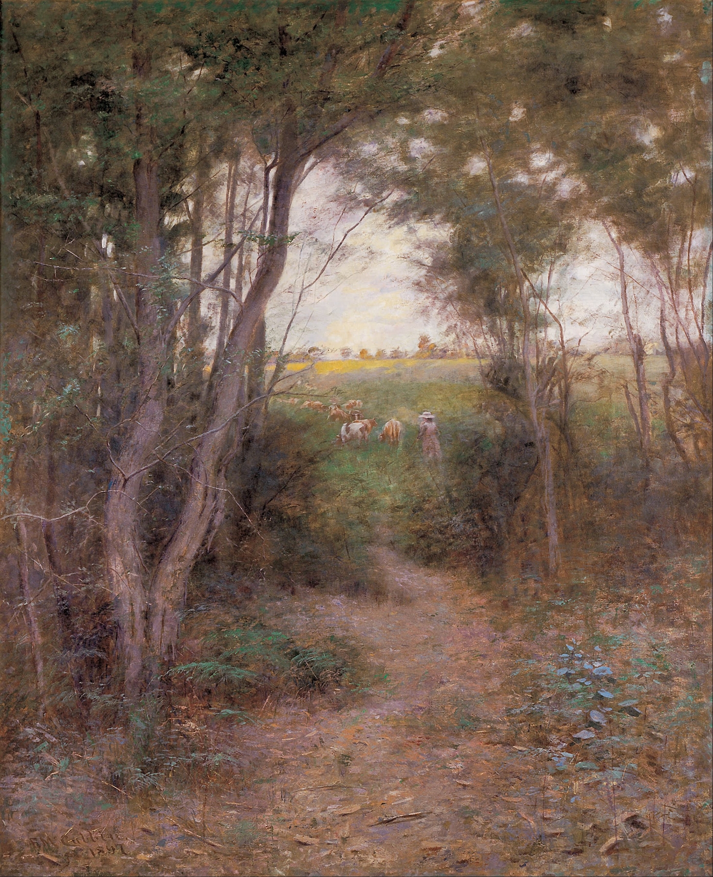A ti-tree glade by Frederick McCubbin, oil on canvas showing sunlight filtering through trees.