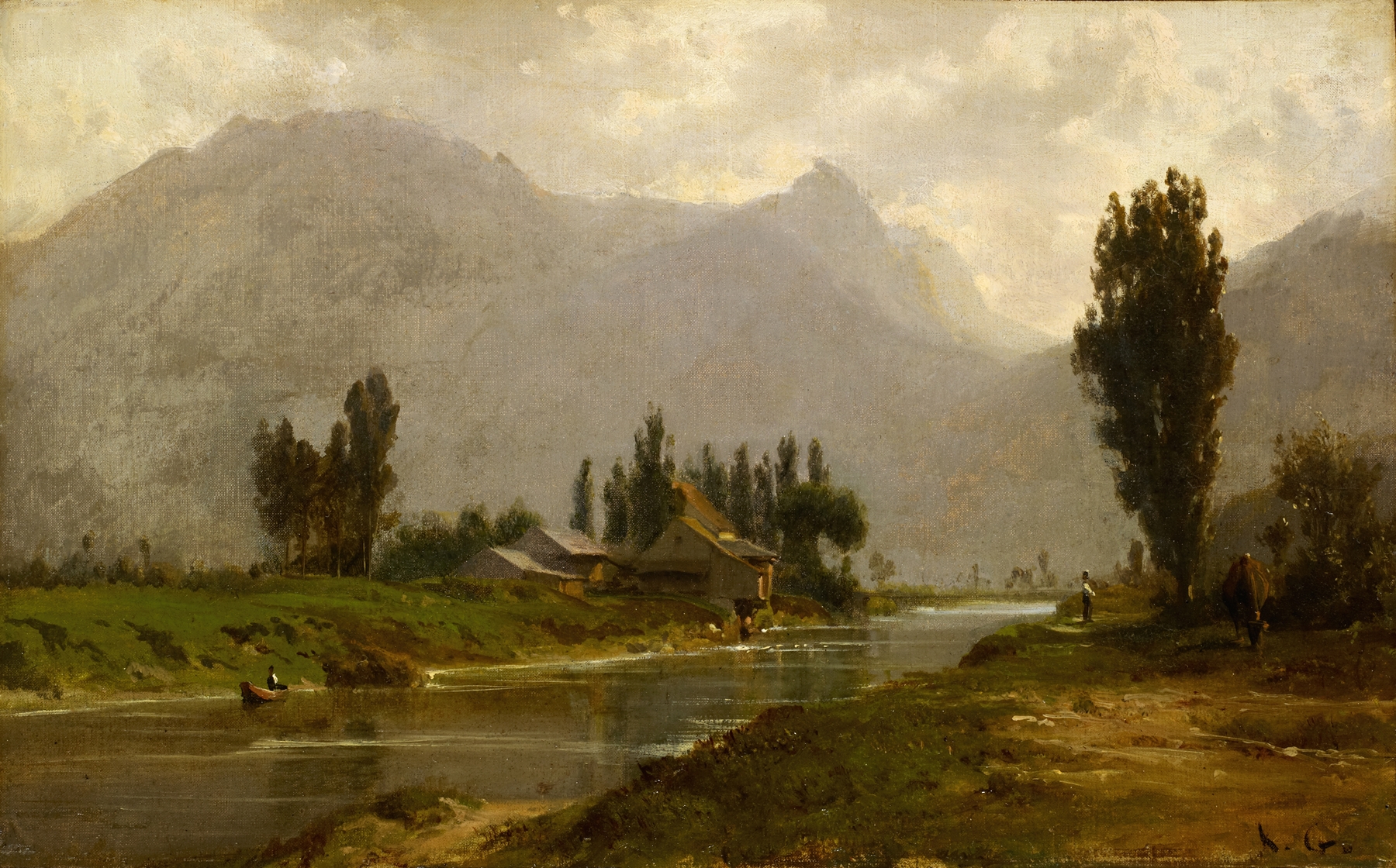 Mill near Weesen by Karl Girardet, oil on canvas depicting a serene river landscape.