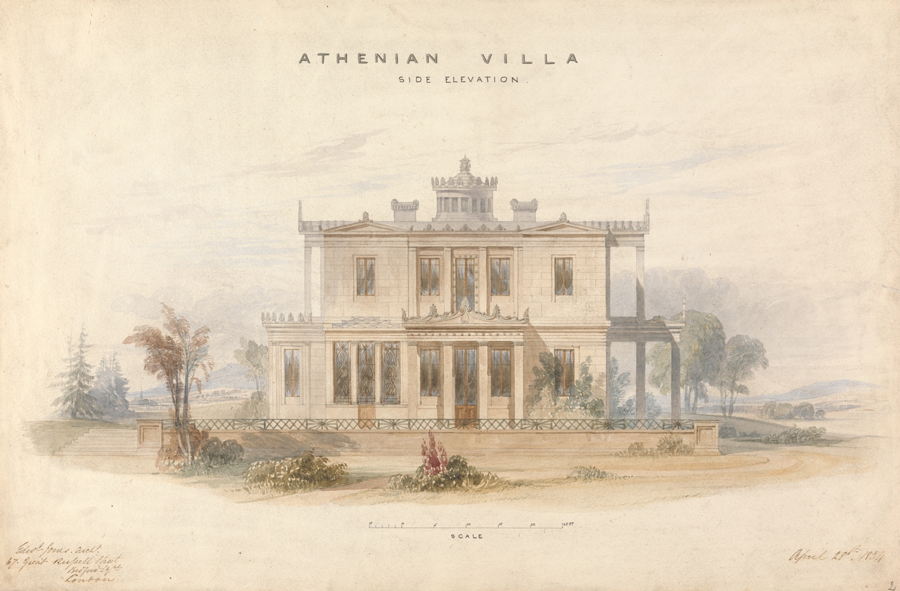 Design for an Athenian Villa, Side Elevation, by Edward Jones, public domain