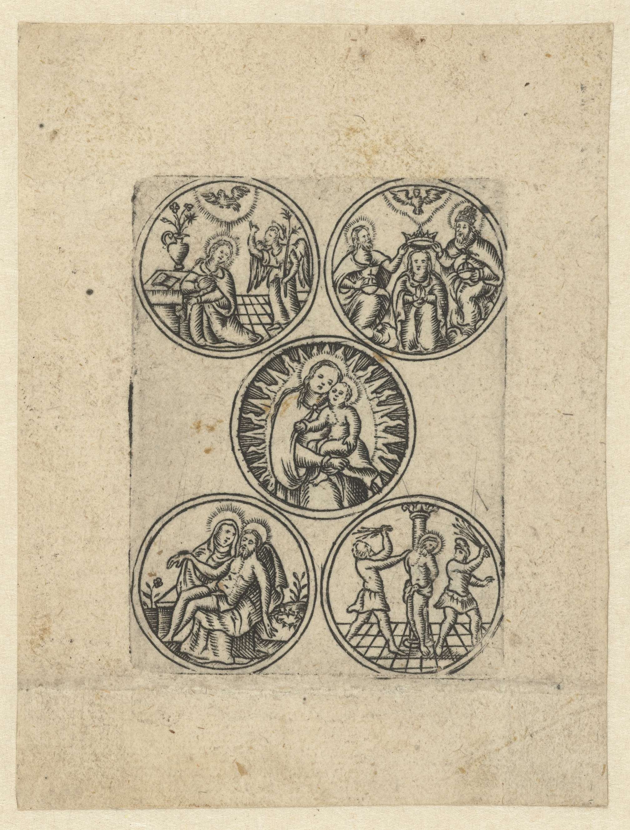 Engraving by Monogrammist S depicting a mother cradling a child in warm light.
