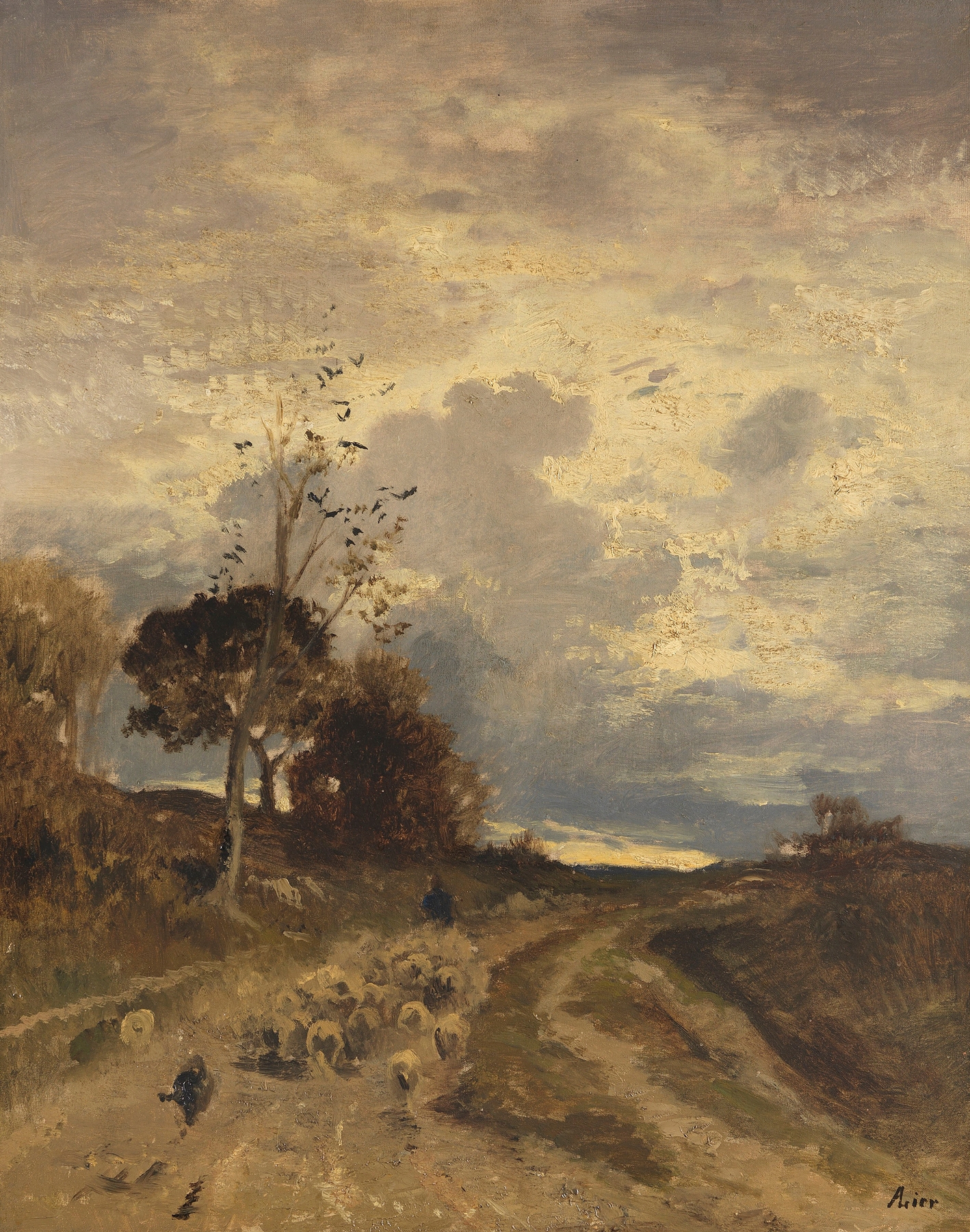 Herbstlandschaft am Abend mit heimkehrender Schafherde by Adolf Heinrich Lier, oil on canvas