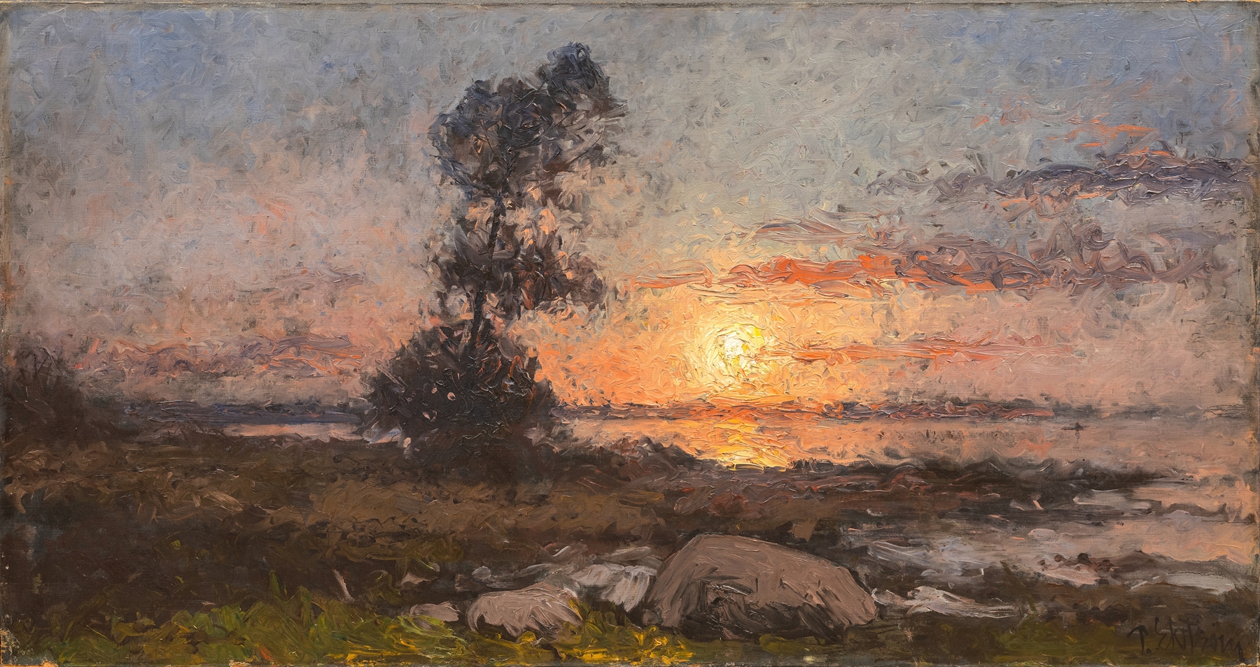 Sunset by Per Ekström, oil on canvas depicting a vibrant sunset over the horizon.