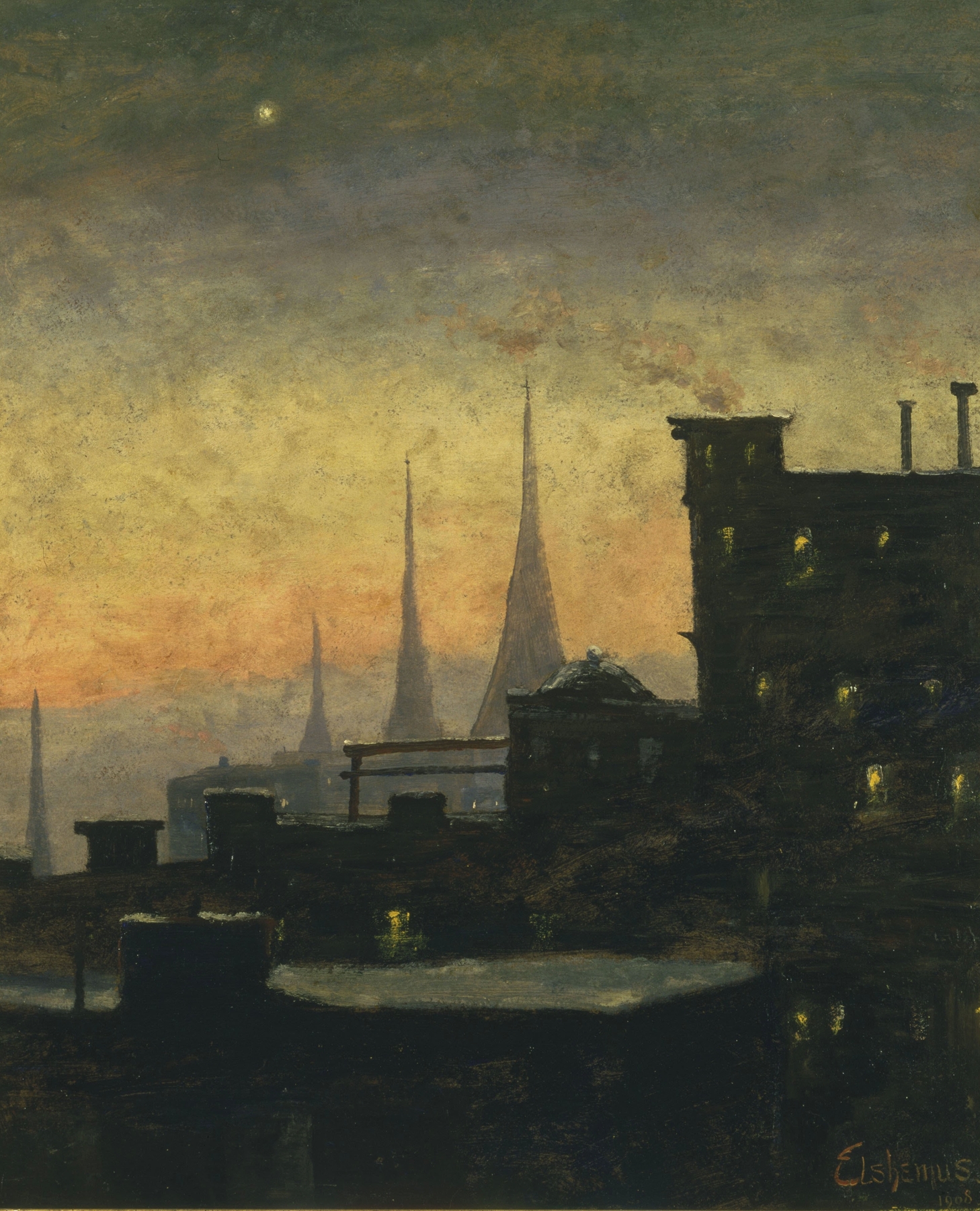 Rooftops against a fading sky, oil painting by Louis Michel Eilshemius