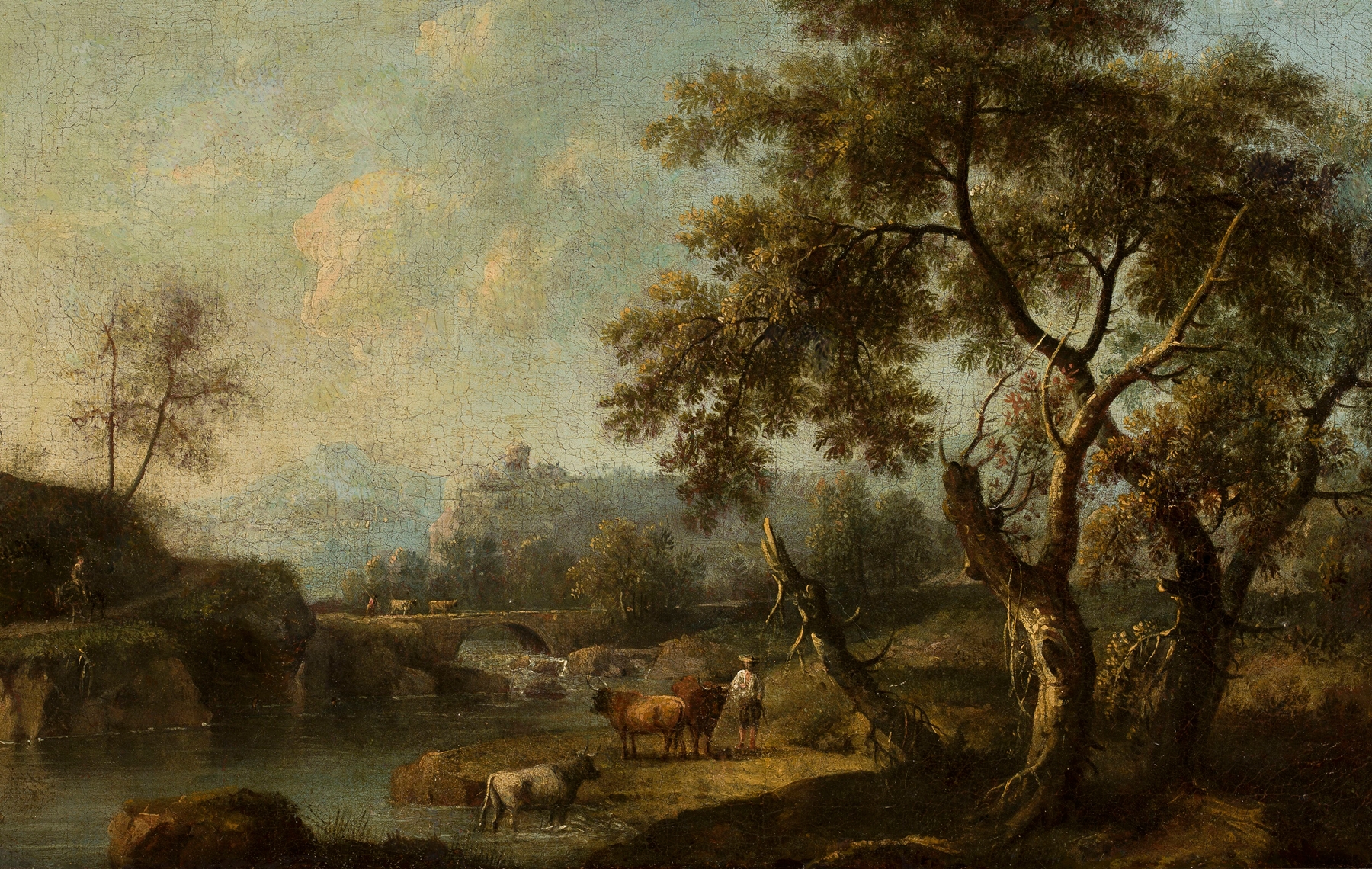 Mountain landscape with cattle at the waterhole, oil on canvas by Giovanni Battista Cimaroli