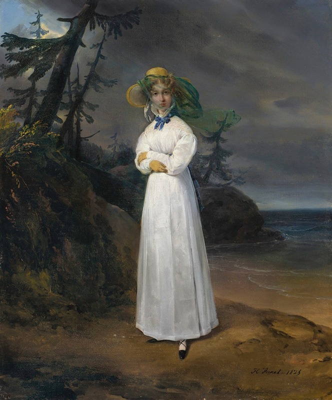 A portrait of a widow in a landscape by Horace Vernet.