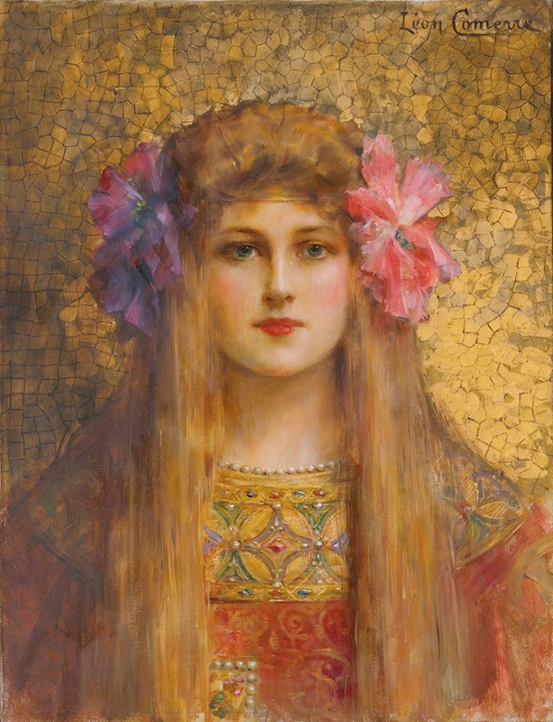 A captivating portrait of a woman adorned with a floral turban by Léon François Comerre.