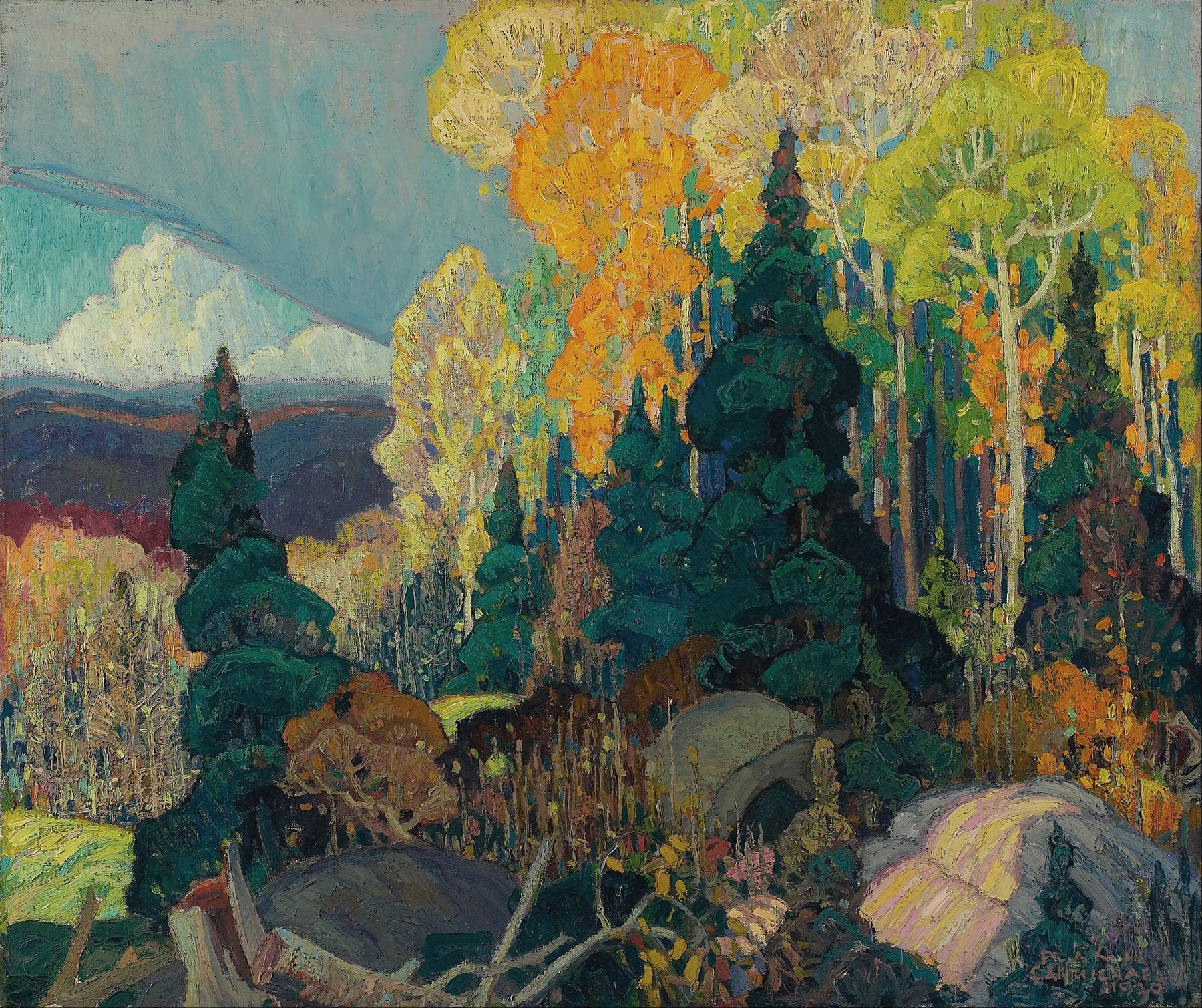 Autumn Hillside by Franklin Carmichael, oil on canvas, vibrant foliage and light on a hillside.