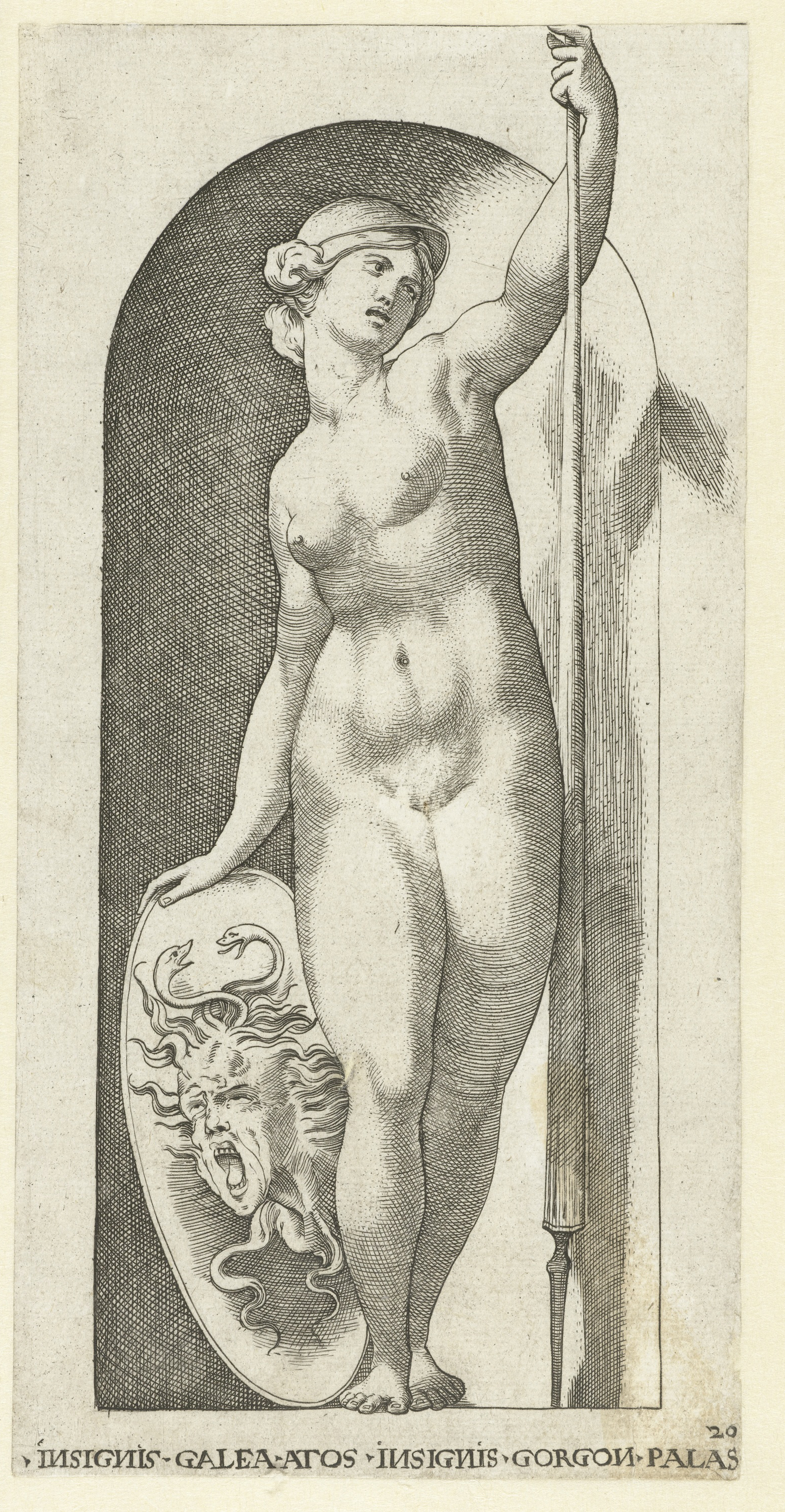 Engraving by Jacob Binck depicting Minerva with Medusa's head on her shield