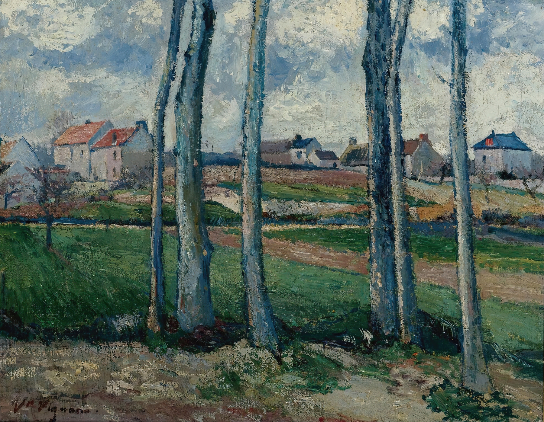 Landscape with trees and a village by Victor Vignon, oil painting.