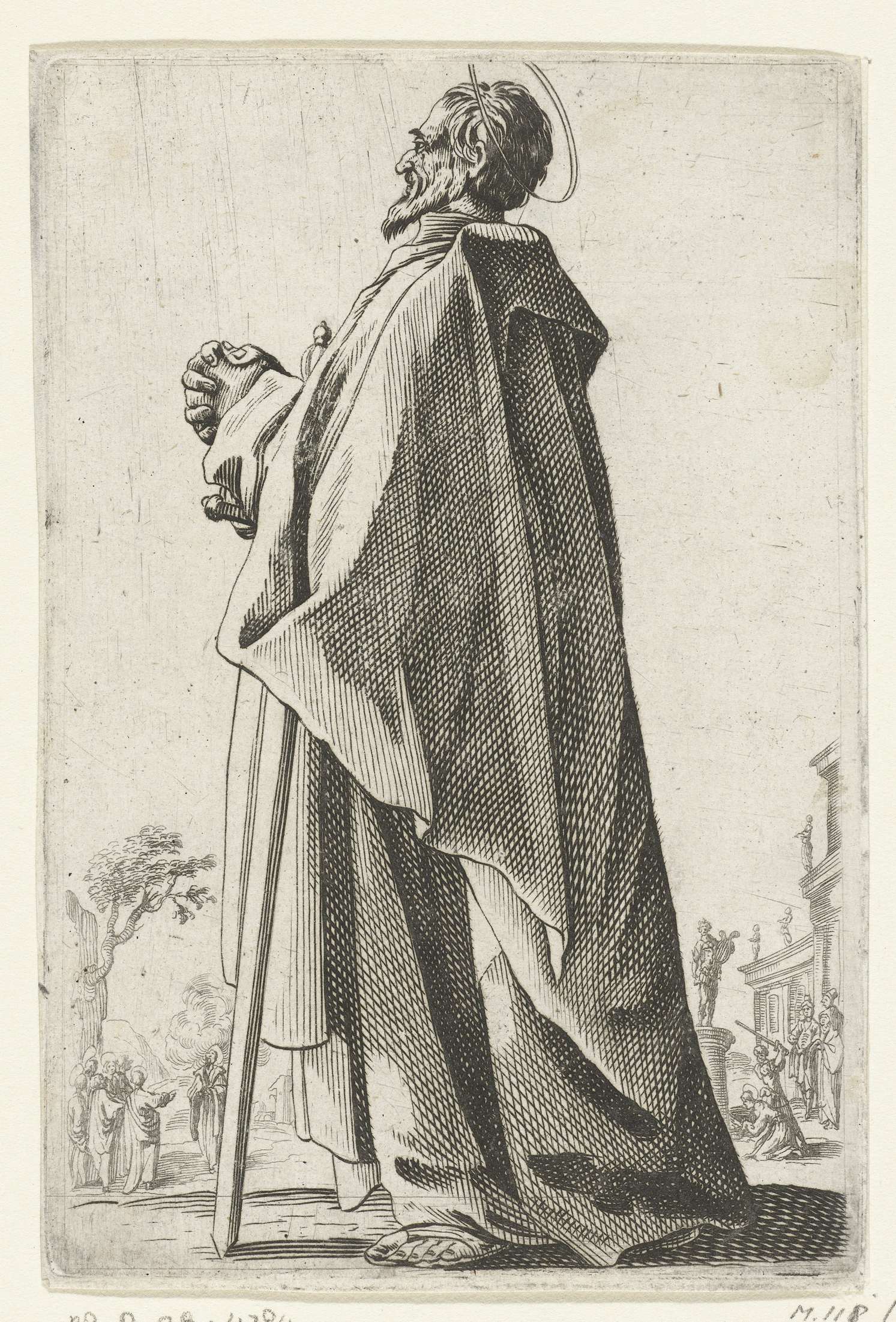 Religious etching of Apostel Mattheüs by Unknown Artist, highlighting light and shadow.