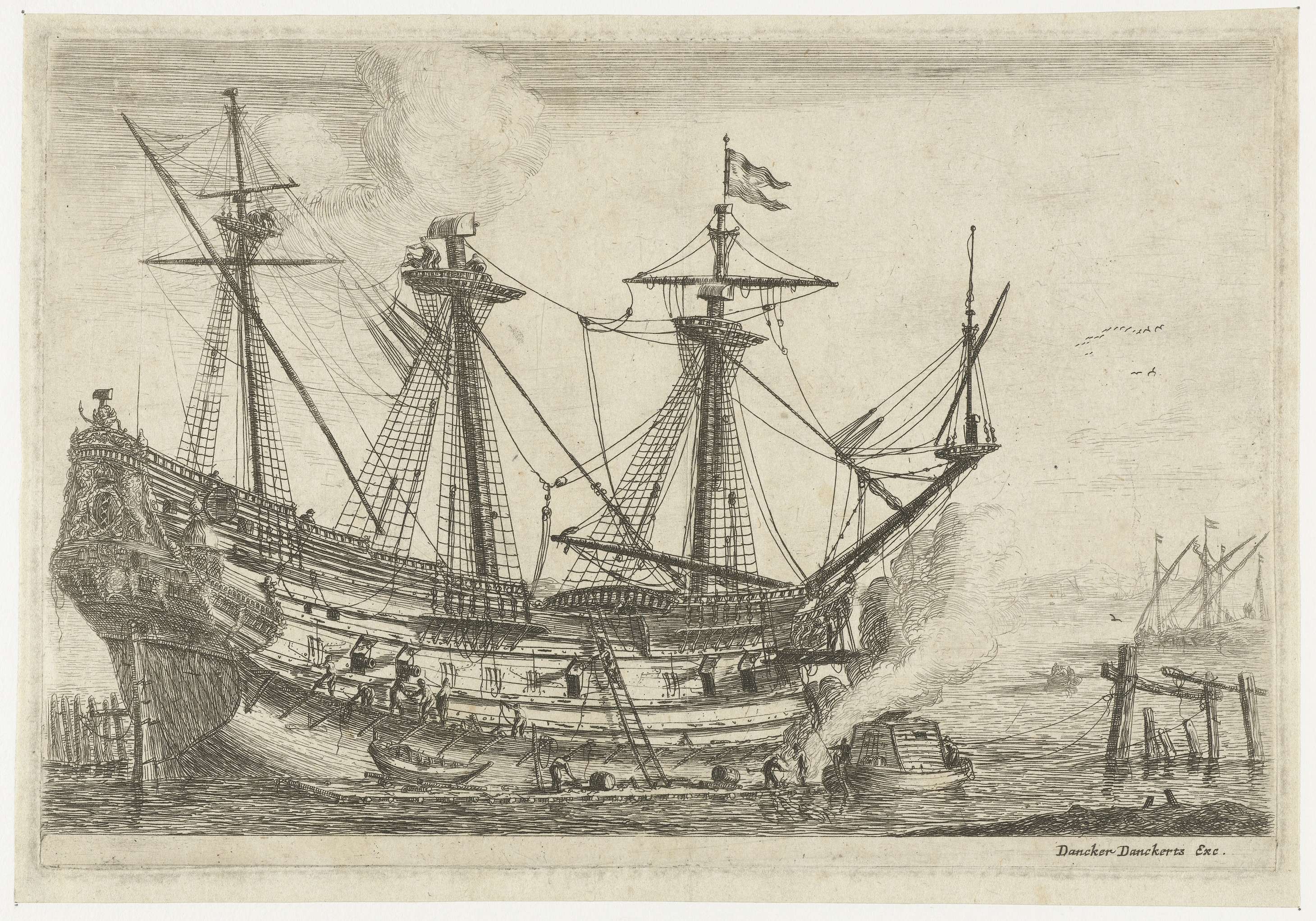 Reparaties aan een groot zeilschip, by Reinier Nooms, public domain