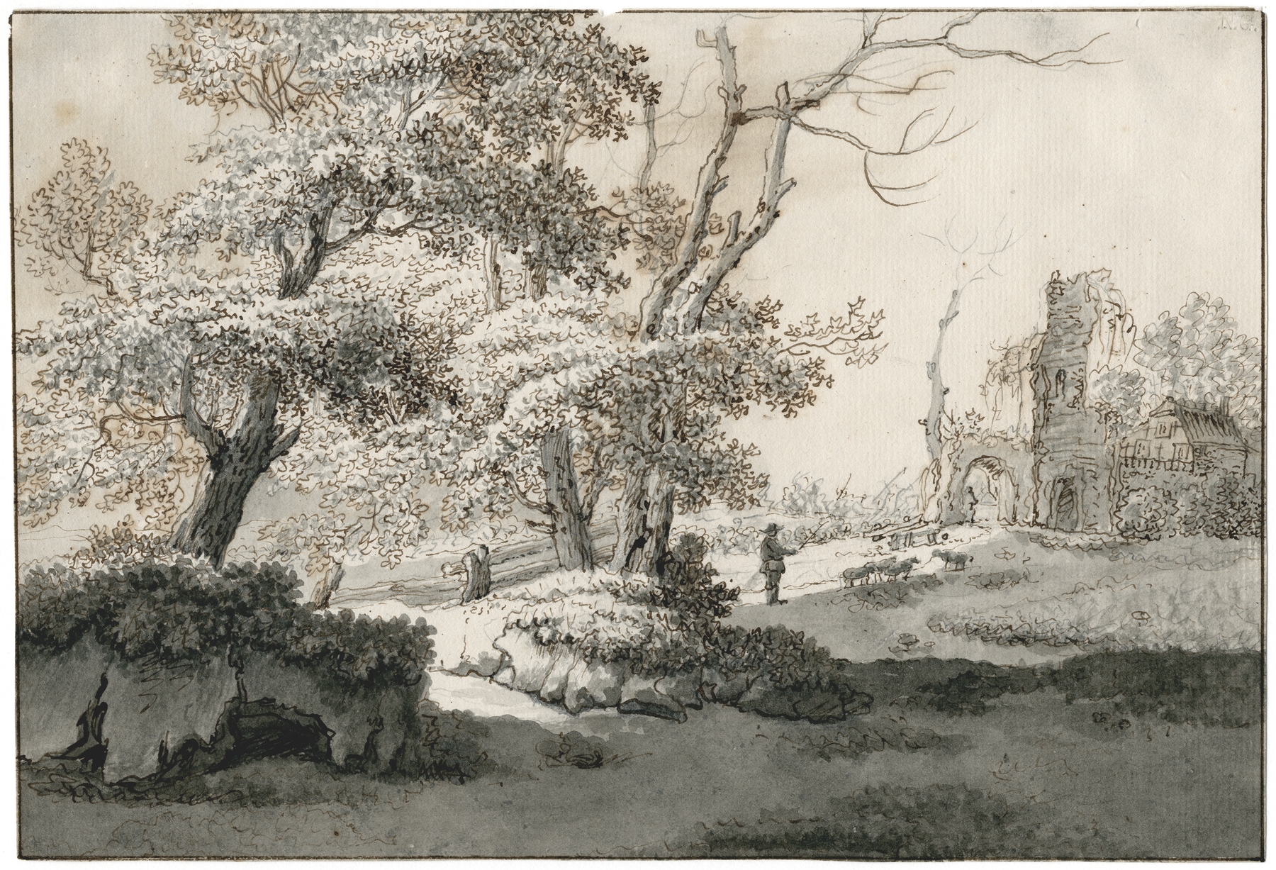 Oil painting by Barend Hendrik Thier depicting a herder near ruins surrounded by trees and soft light.