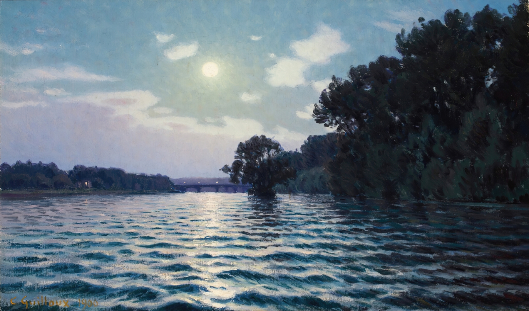 Lever de soleil sur la Seine by Charles Guilloux, oil painting depicting a river at dawn.