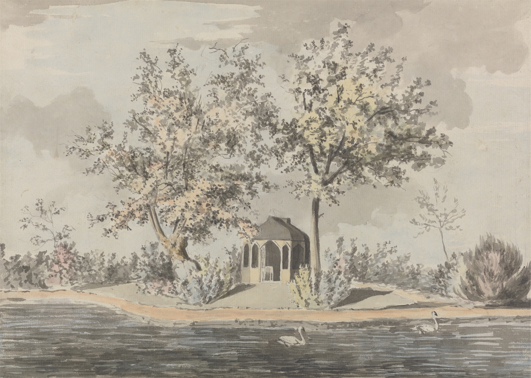 Summer House by a Riverside, oil on canvas by Thomas Theodosius Forrest, depicting a house by a river.