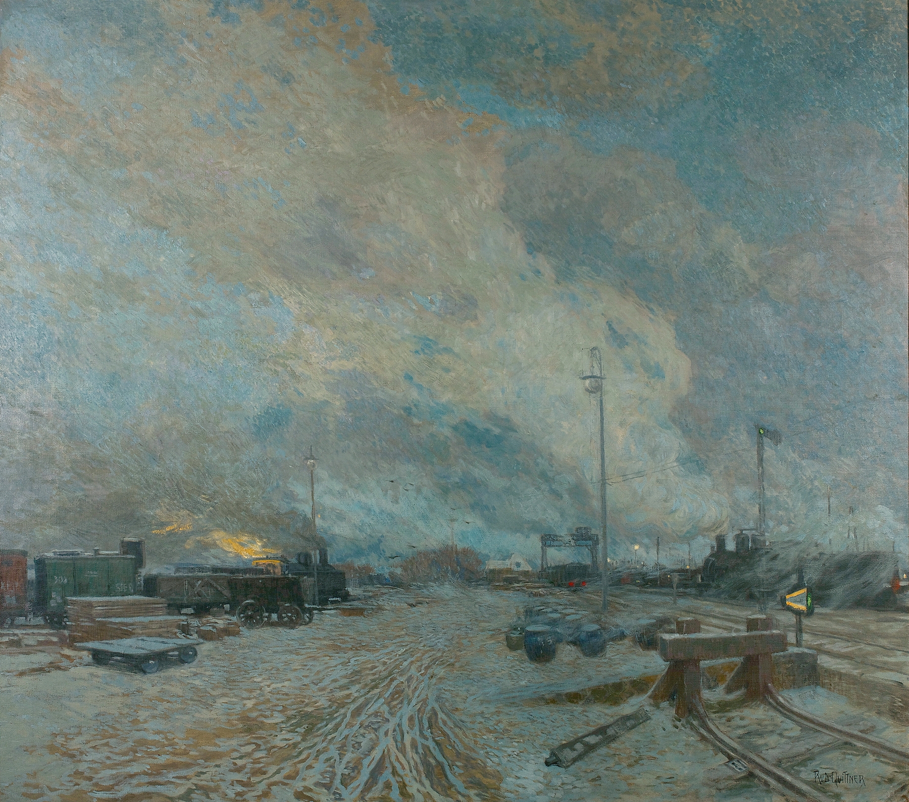 Frachtenbahnhof by Rudolf Quittner, depicting a train station in an unknown medium.