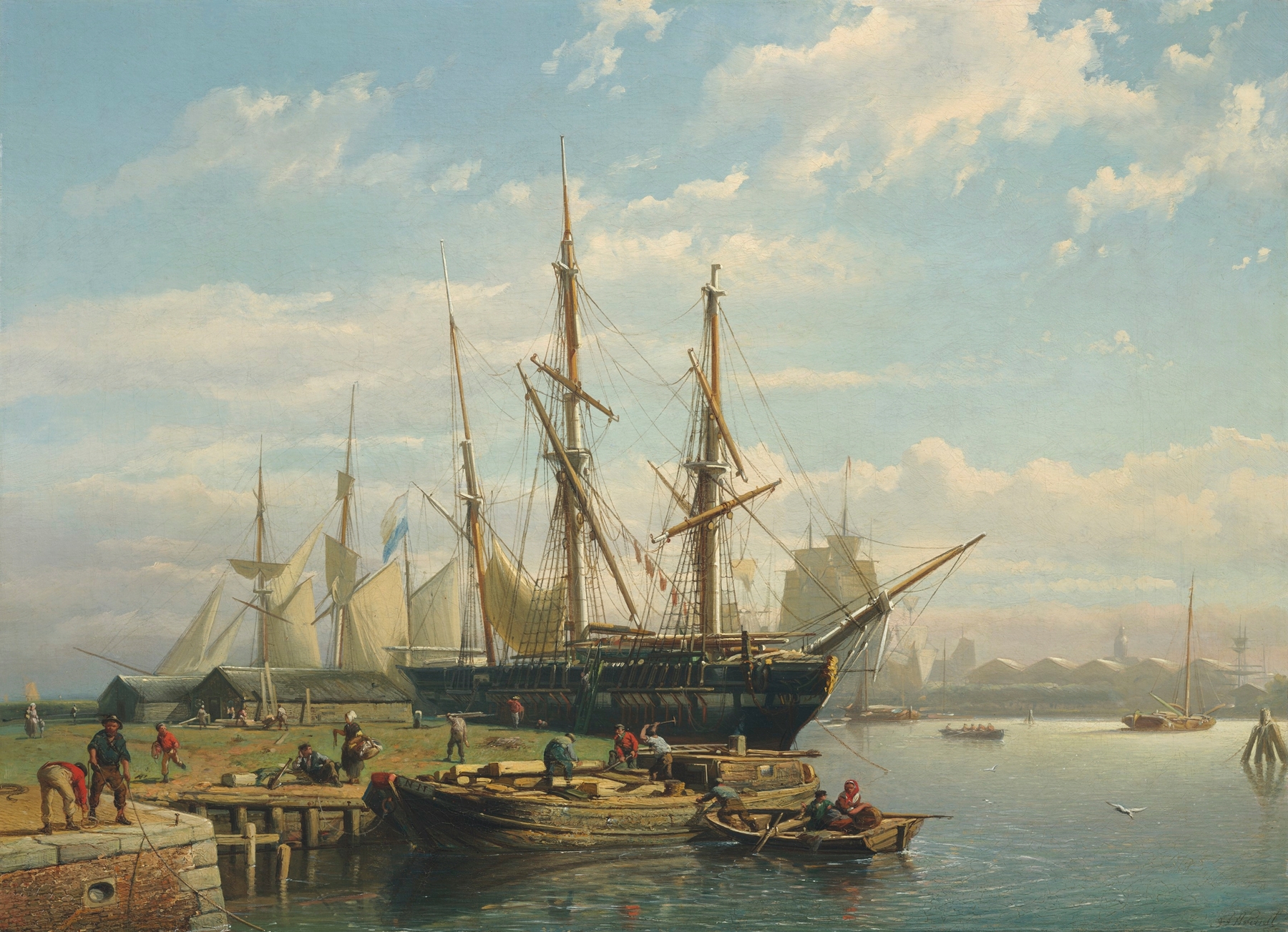 Dutch sailing ships at anchor in a river estuary, oil painting by Johan Adolph Rust
