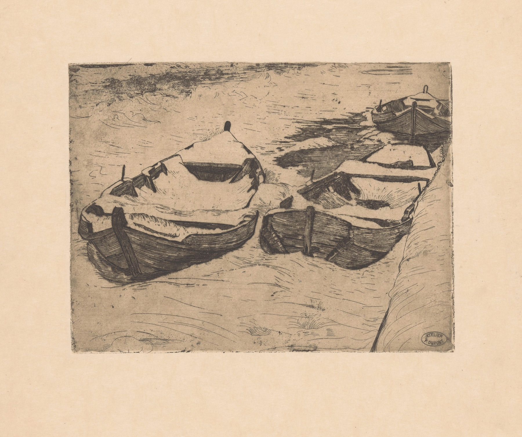 Snow-covered rowing boats in a winter landscape by Pieter Dupont, oil painting