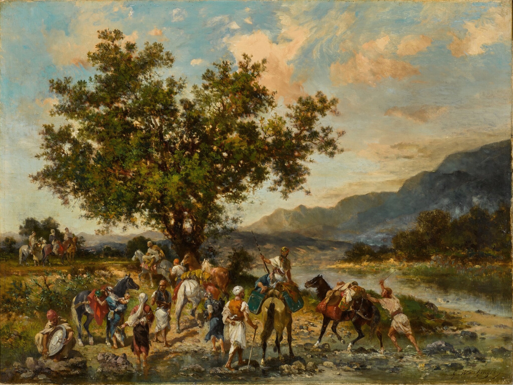 At the Oasis by Georges Washington, oil painting depicting a tranquil pool and palm trees.