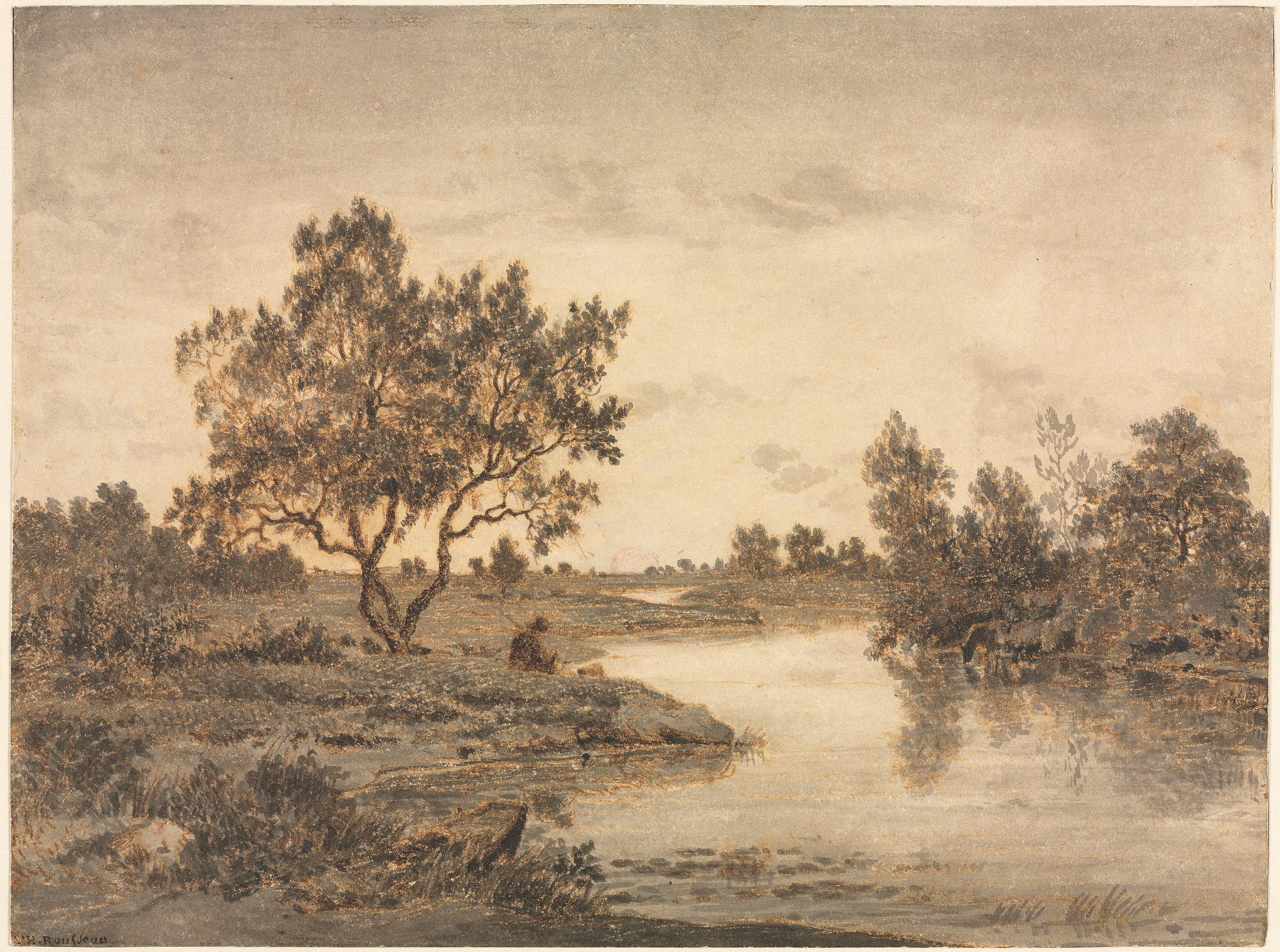 The Fisherman by Théodore Rousseau, oil on canvas, depicts a solitary figure by a river in a tranquil landscape.