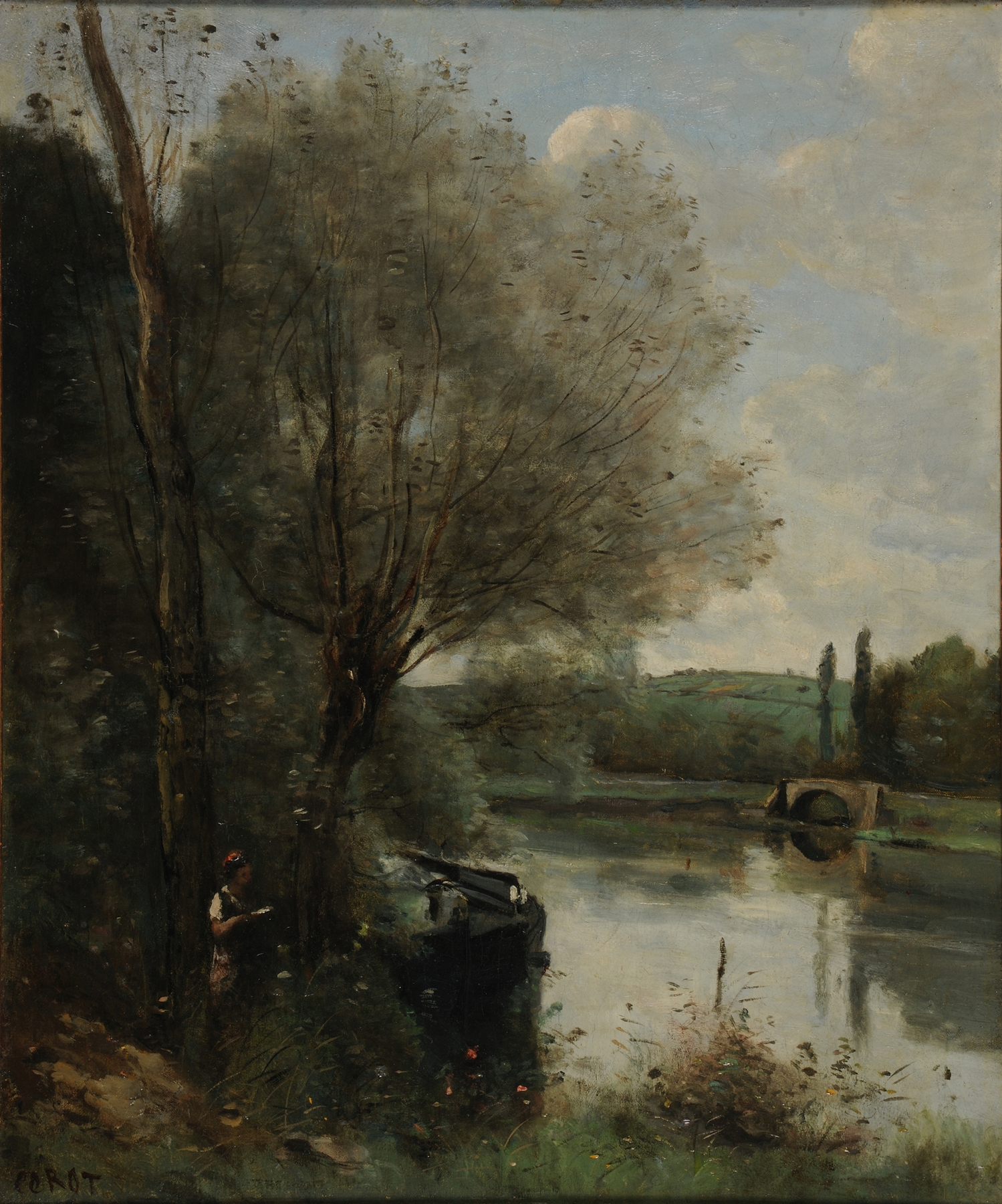 La liseuse sur la rive boisée, by Jean-Baptiste-Camille Corot, public domain