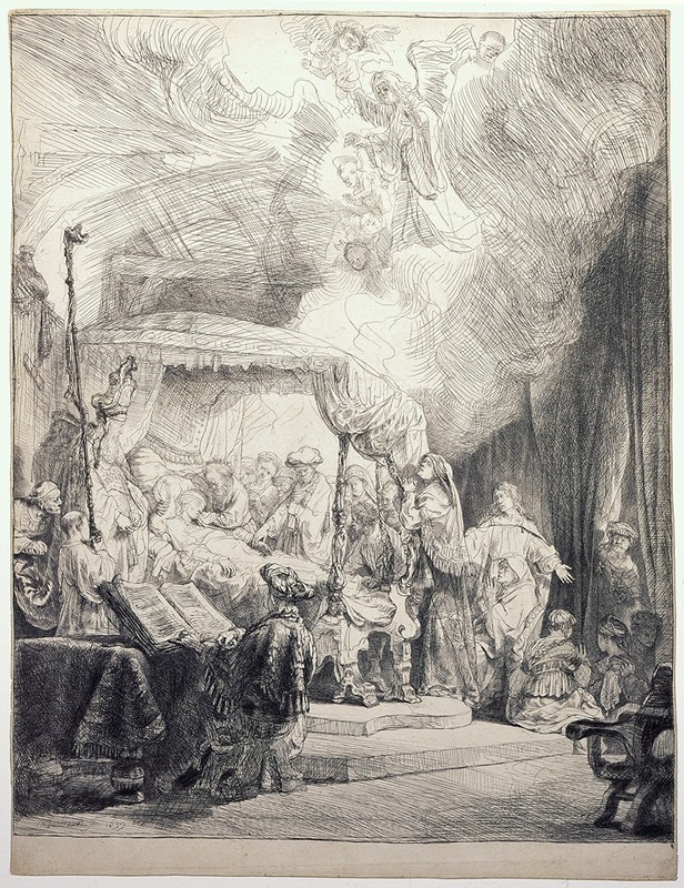 Rembrandt's 'The Death of the Virgin' depicts a poignant scene of mourning.