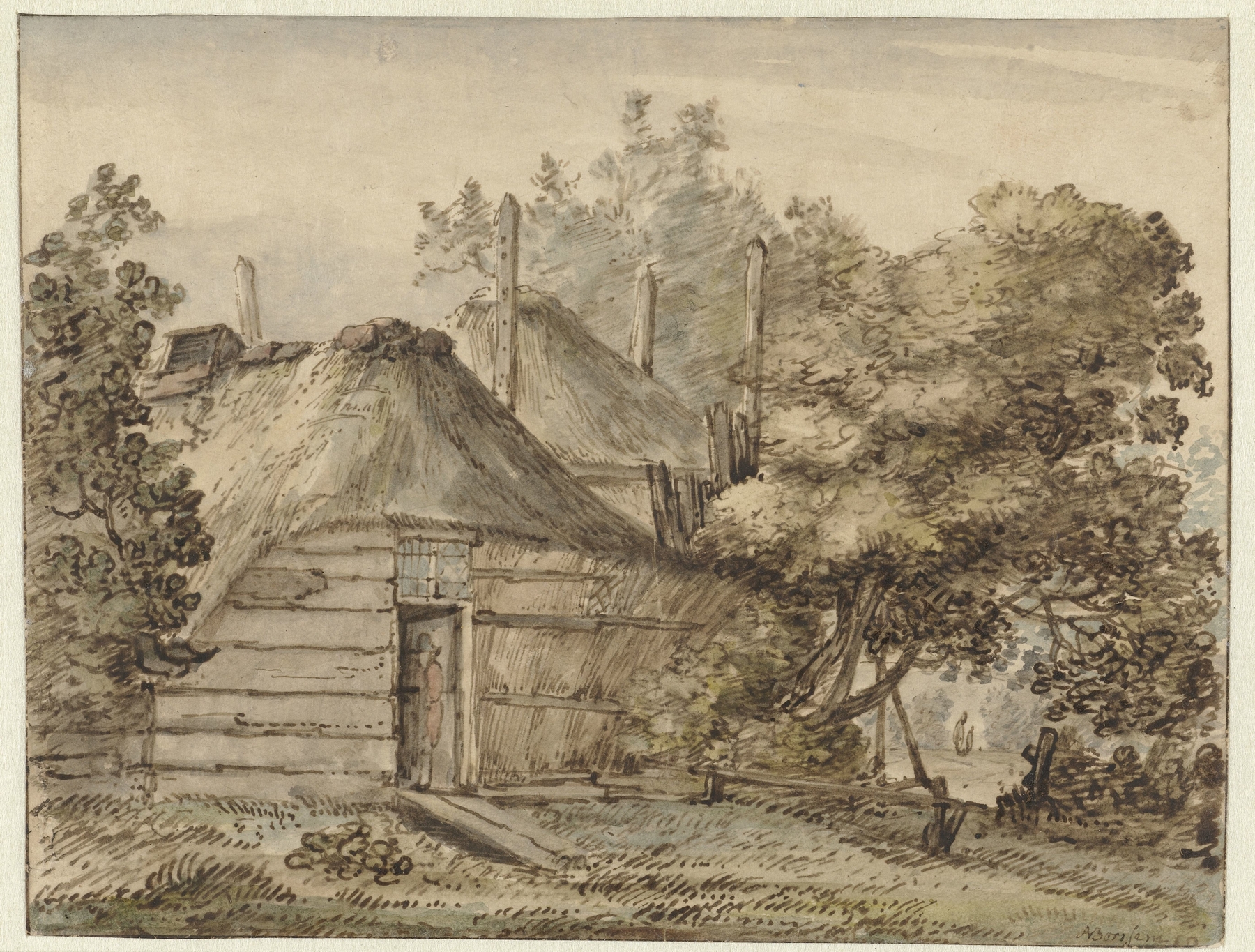 Landscape with a farmhouse and haystack among trees by Anthonie van Borssom, oil on panel