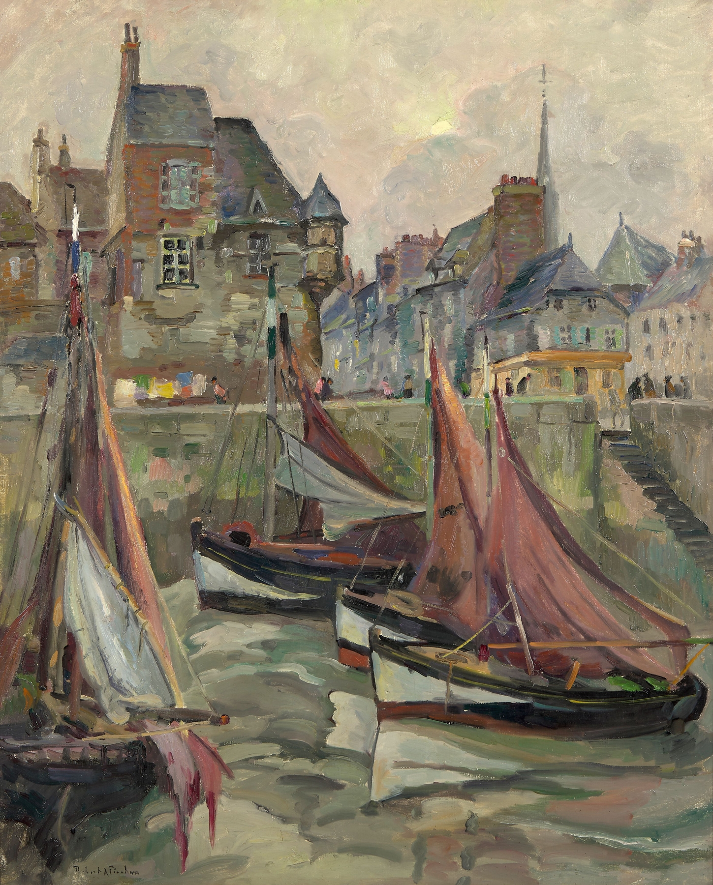 Marine scene with boats and reflections in water by Robert Antoine Pinchon, oil painting
