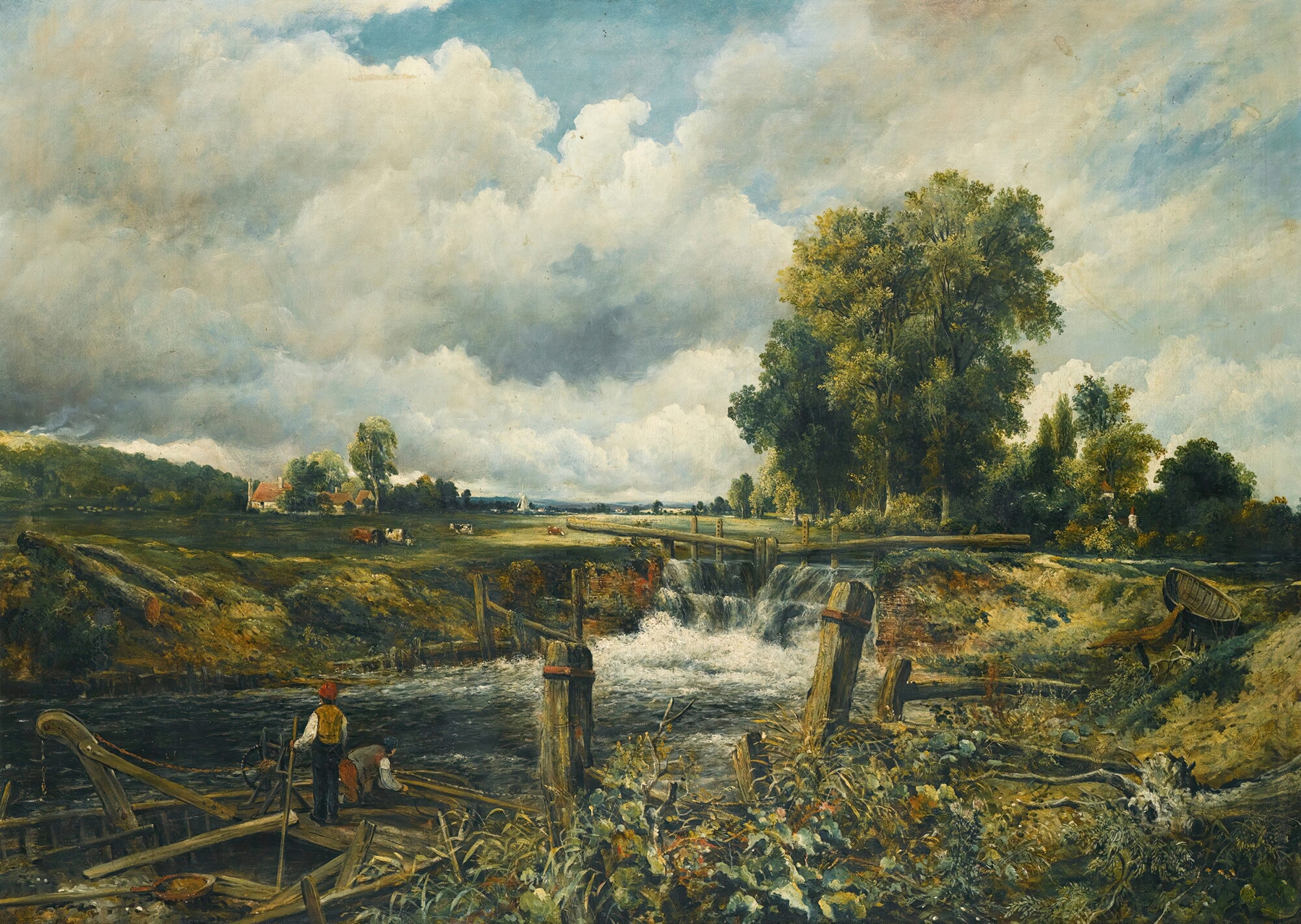 A river landscape with figures in a boat by a lock, oil on canvas by Frederick Waters Watts
