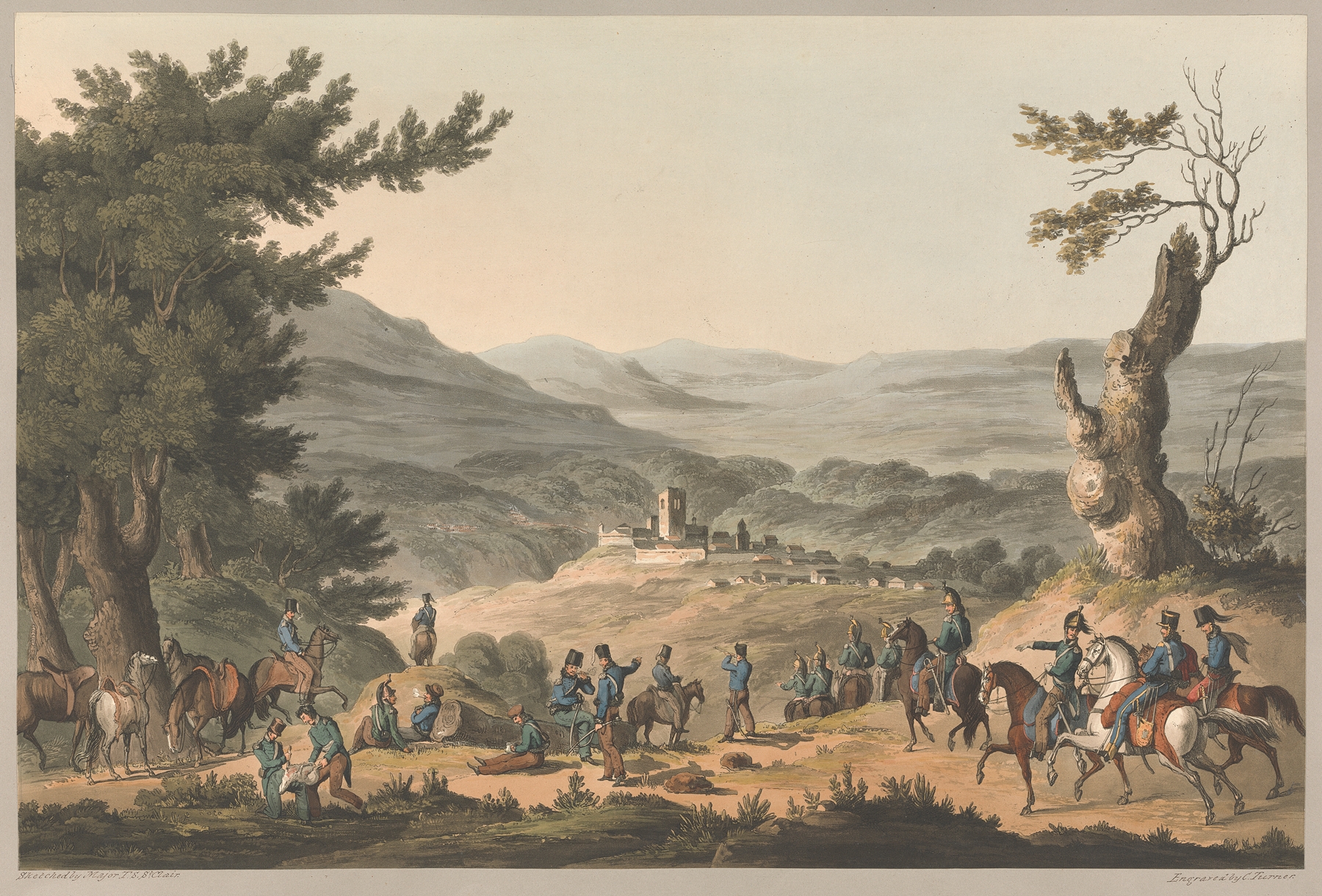 Engraving by Charles Turner depicting French pickets by the River Coa