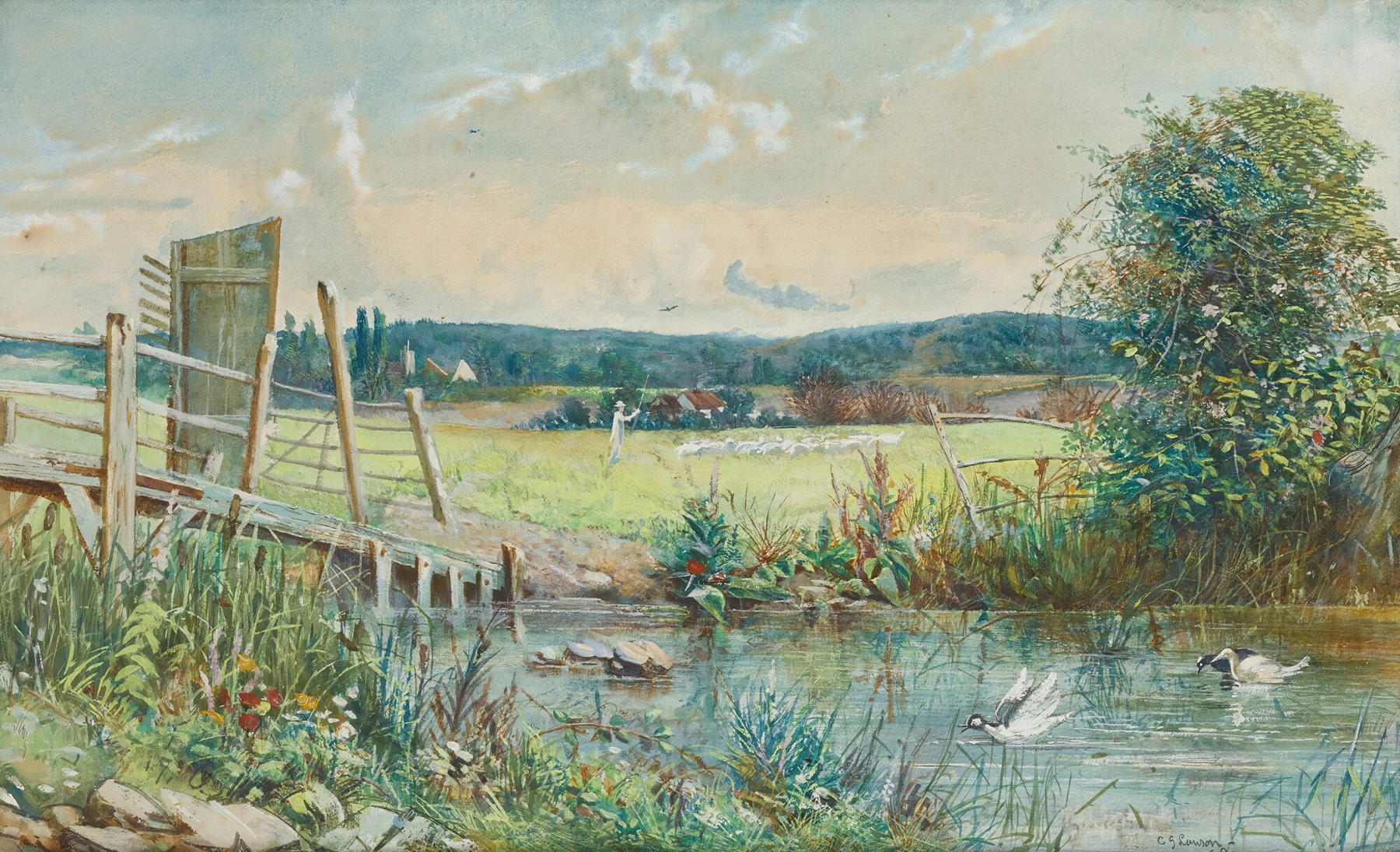 Shepherd and his flock in a river meadow, oil on canvas by Cecil Gordon Lawson