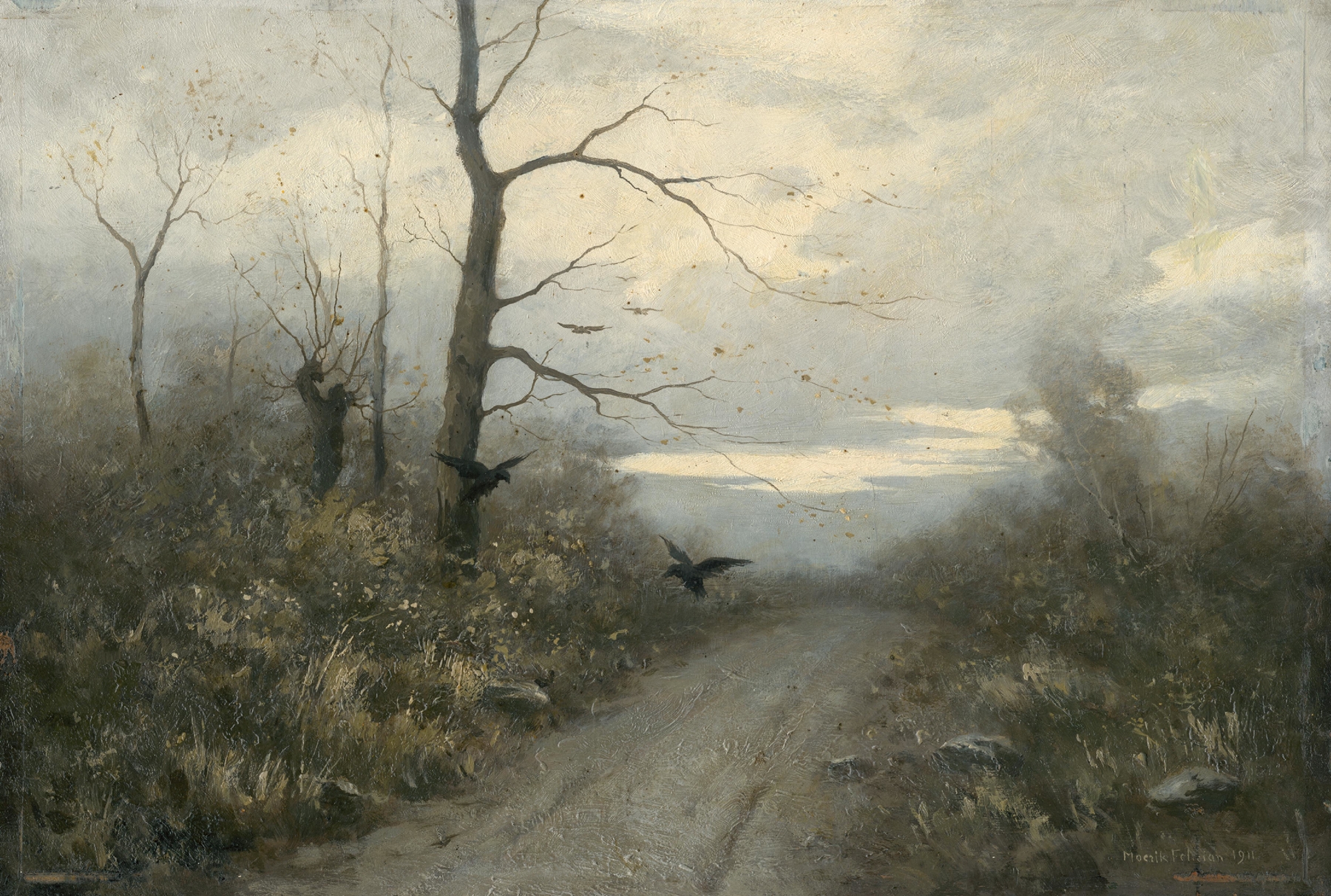 Winter Landscape by Felicián Moczik, oil on canvas depicting a snowy path through a tranquil forest.