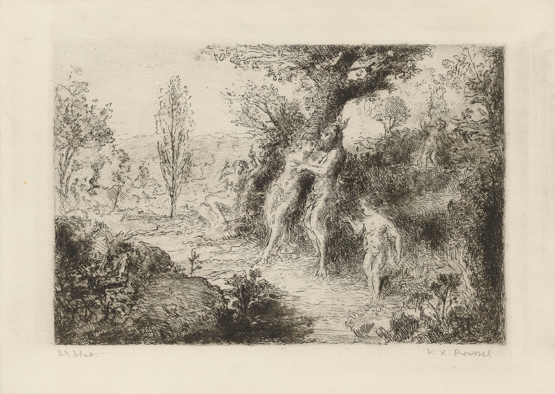 Faunes et nymphes dans un chemin forestier by Ker-Xavier Roussel, oil painting depicting mythological figures in a forest.