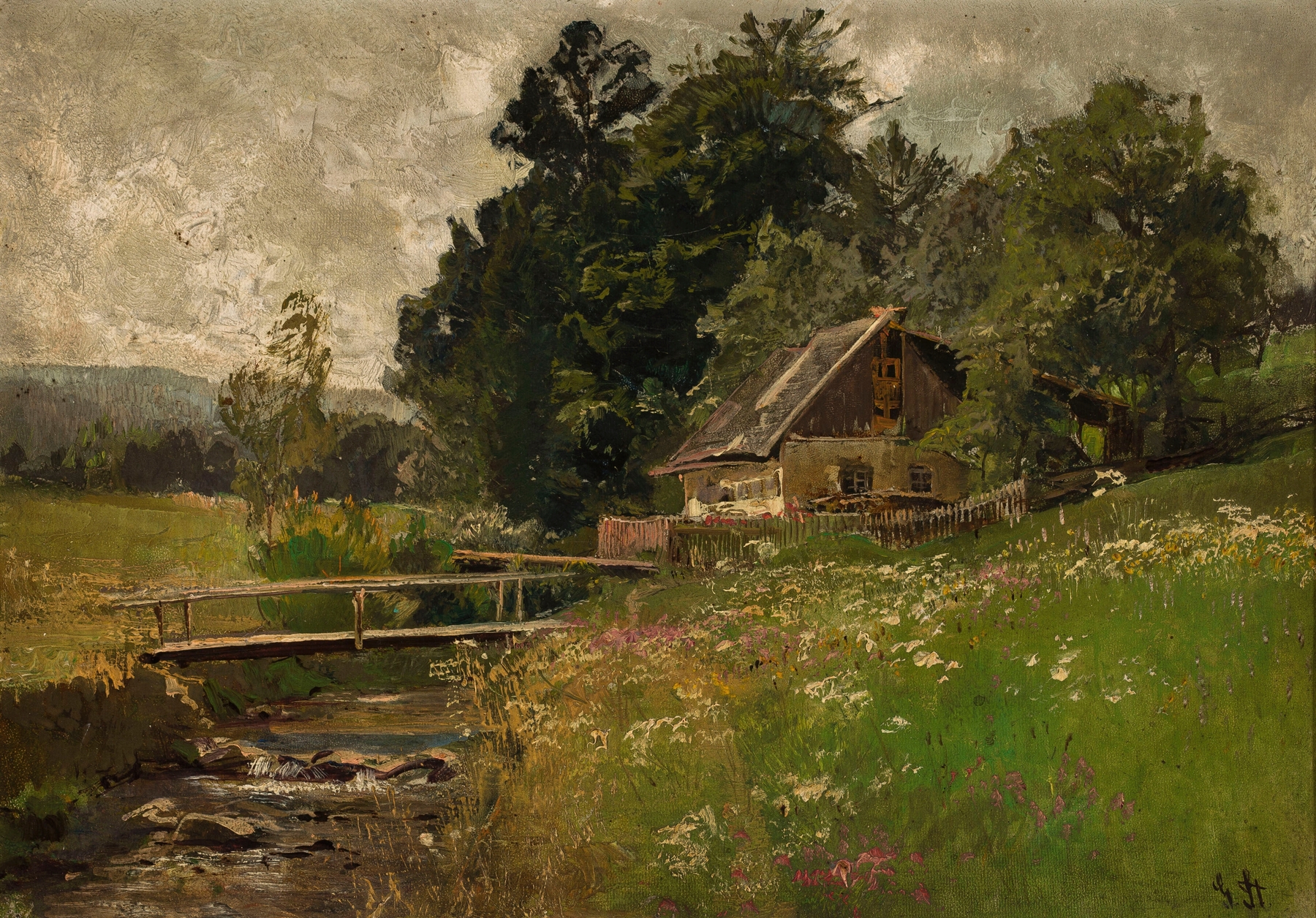 Cottage at a creek, oil on canvas by Gertrud Staats, depicting lush greenery and golden light.