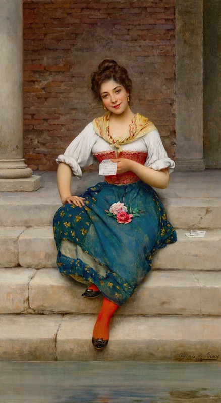 A young woman reads a letter in a beautifully detailed interior.