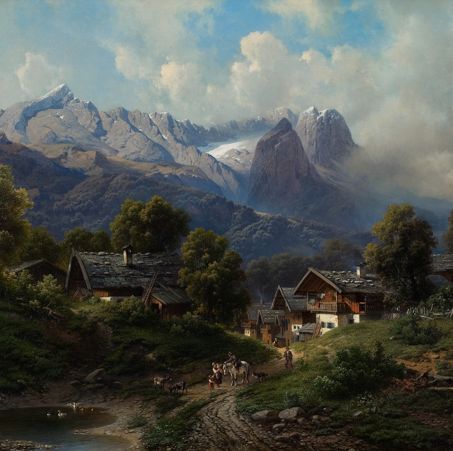 Landscape oil painting by Carl Millner depicting sunrise over a Bavarian village.
