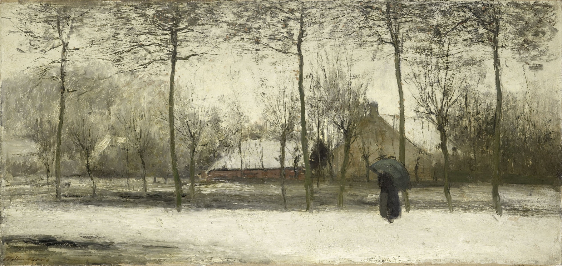 Winterlandschap by Willem Maris, oil painting of a serene winter landscape with snow and trees.