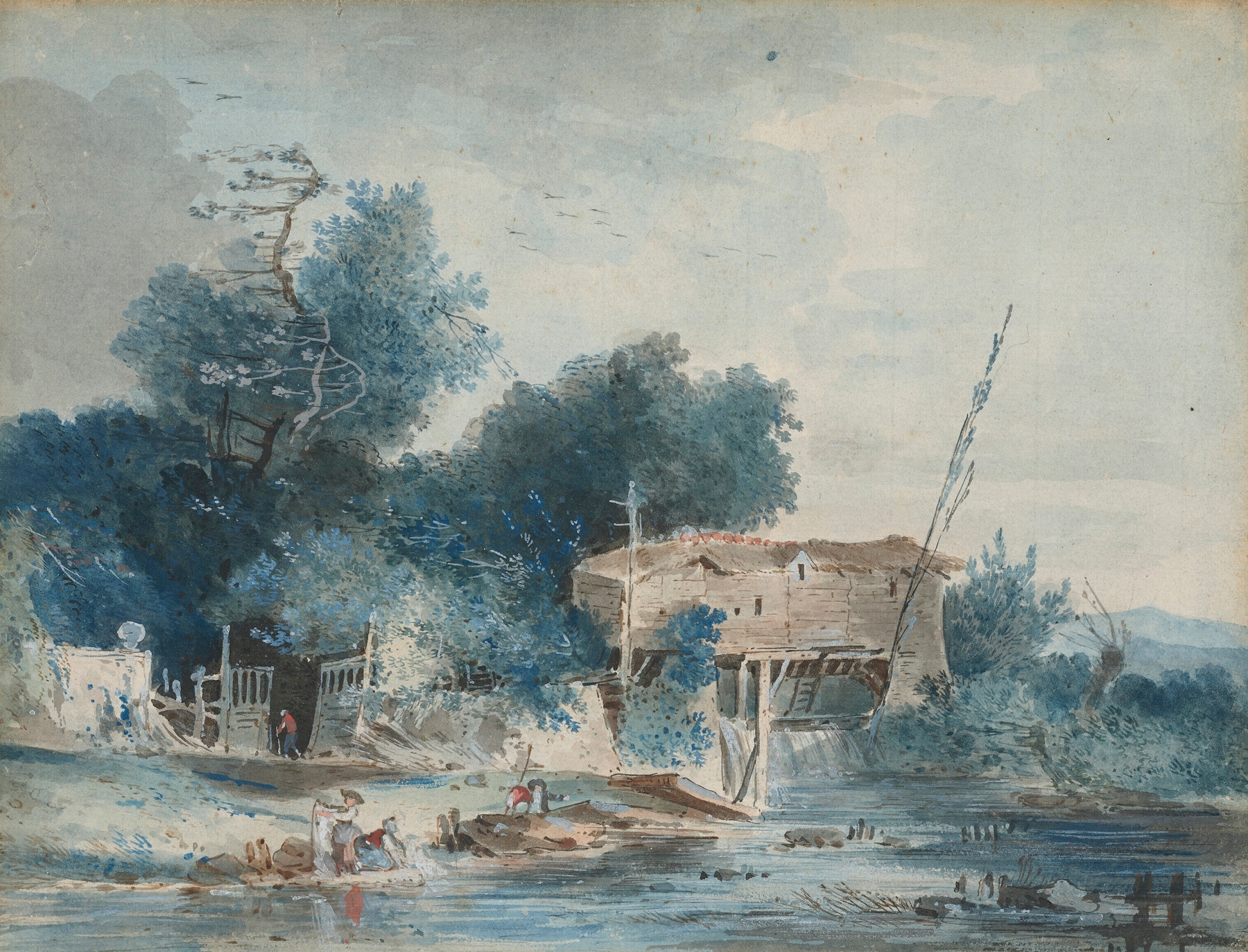 A river landscape with washerwomen by a mill, oil on canvas by Louis Gabriel Moreau